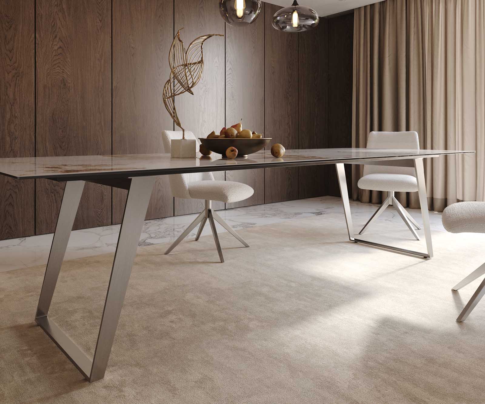Eetkamertafel Edge 300x100 keramiek Minas Melange wit-beige RVS schuin 6