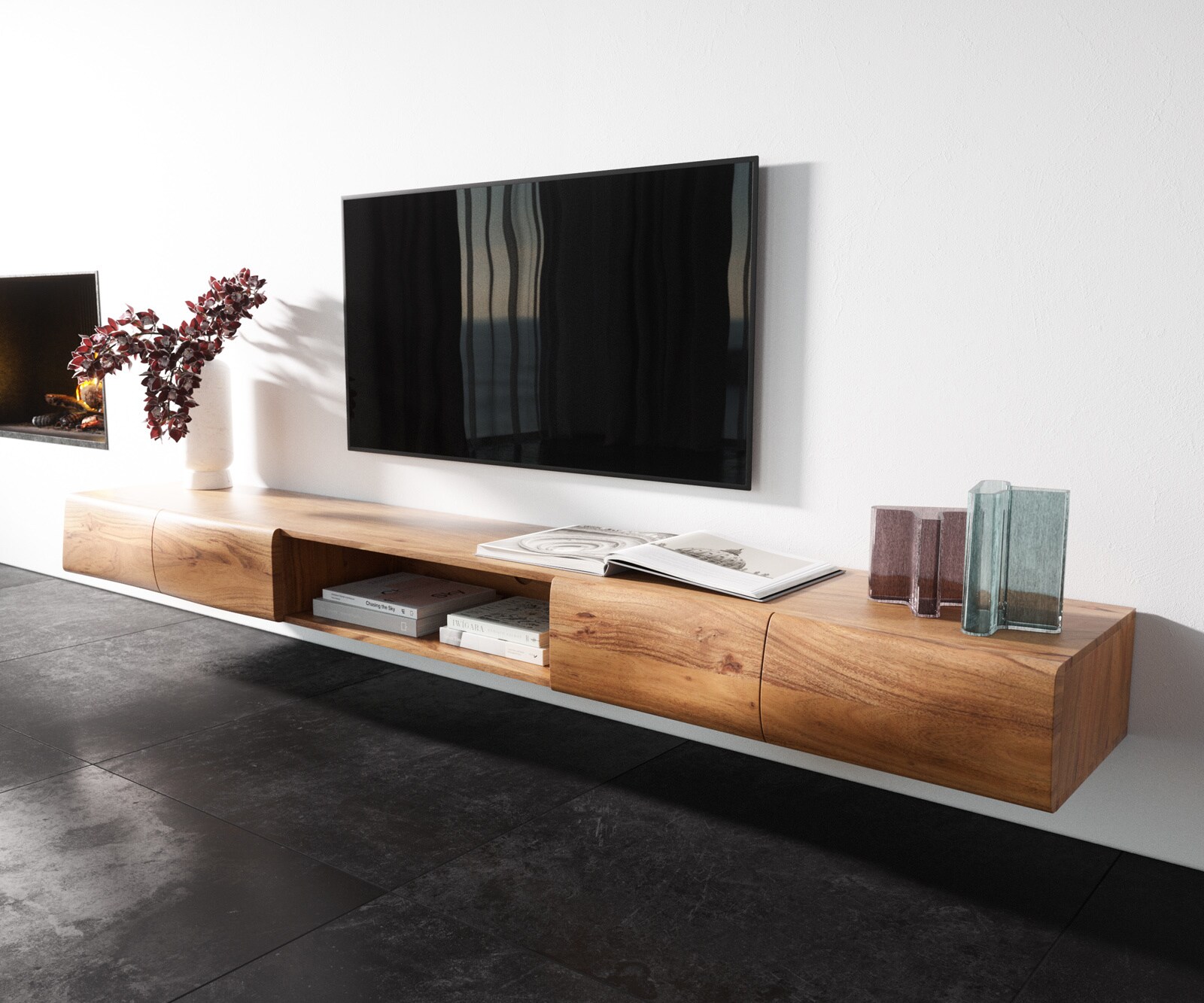 Tv-meubel New Live-Edge 240 cm acacia natuur 4 deuren 1 plank zwevend