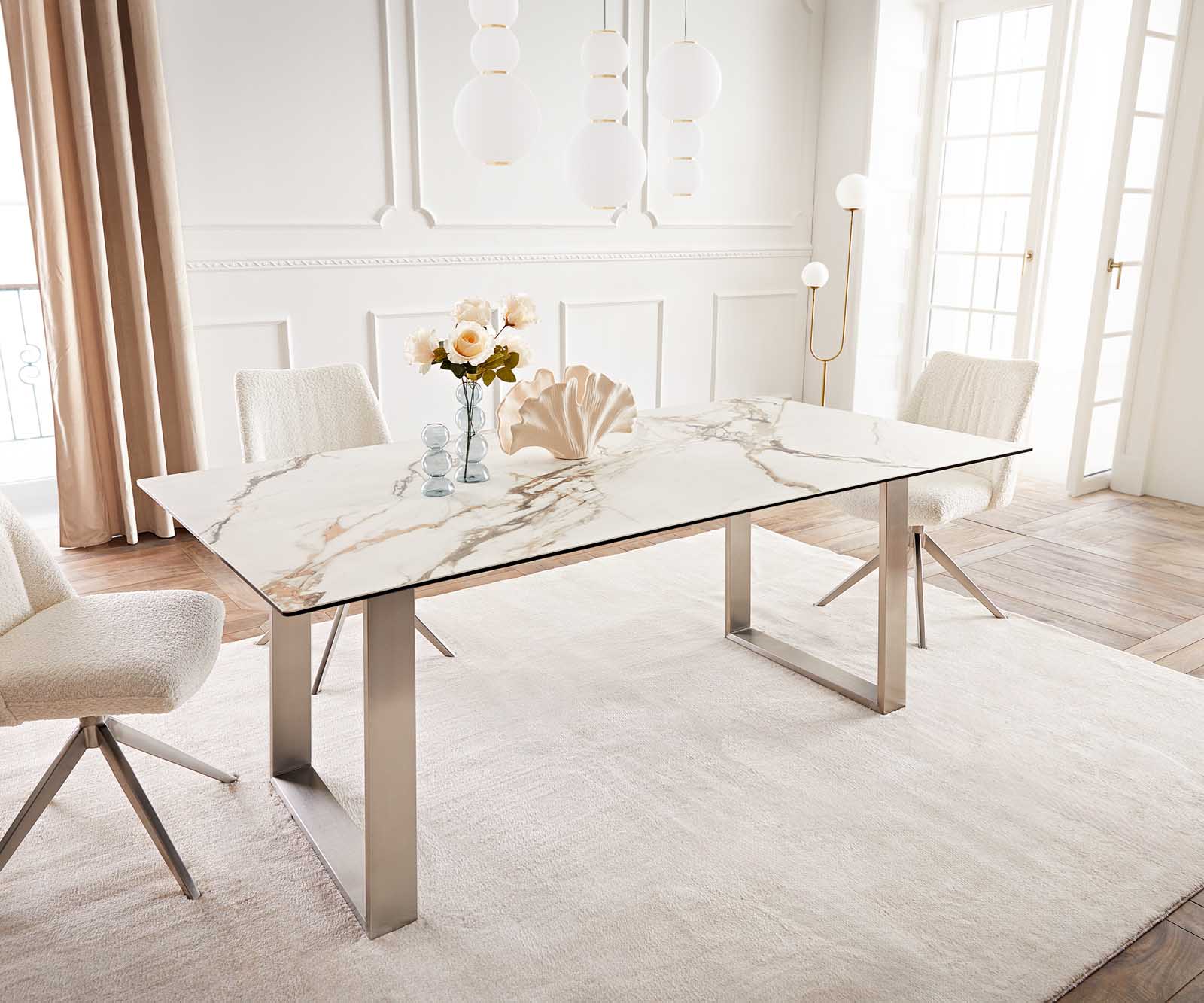 Eetkamertafel Edge 200x100 keramiek Calacatta Luxe wit-goud-grijs RVS Schmal 2 Eetkamertafel Edge 200x100 keramiek Calacatta Luxe wit-goud-grijs RVS Schmal 2