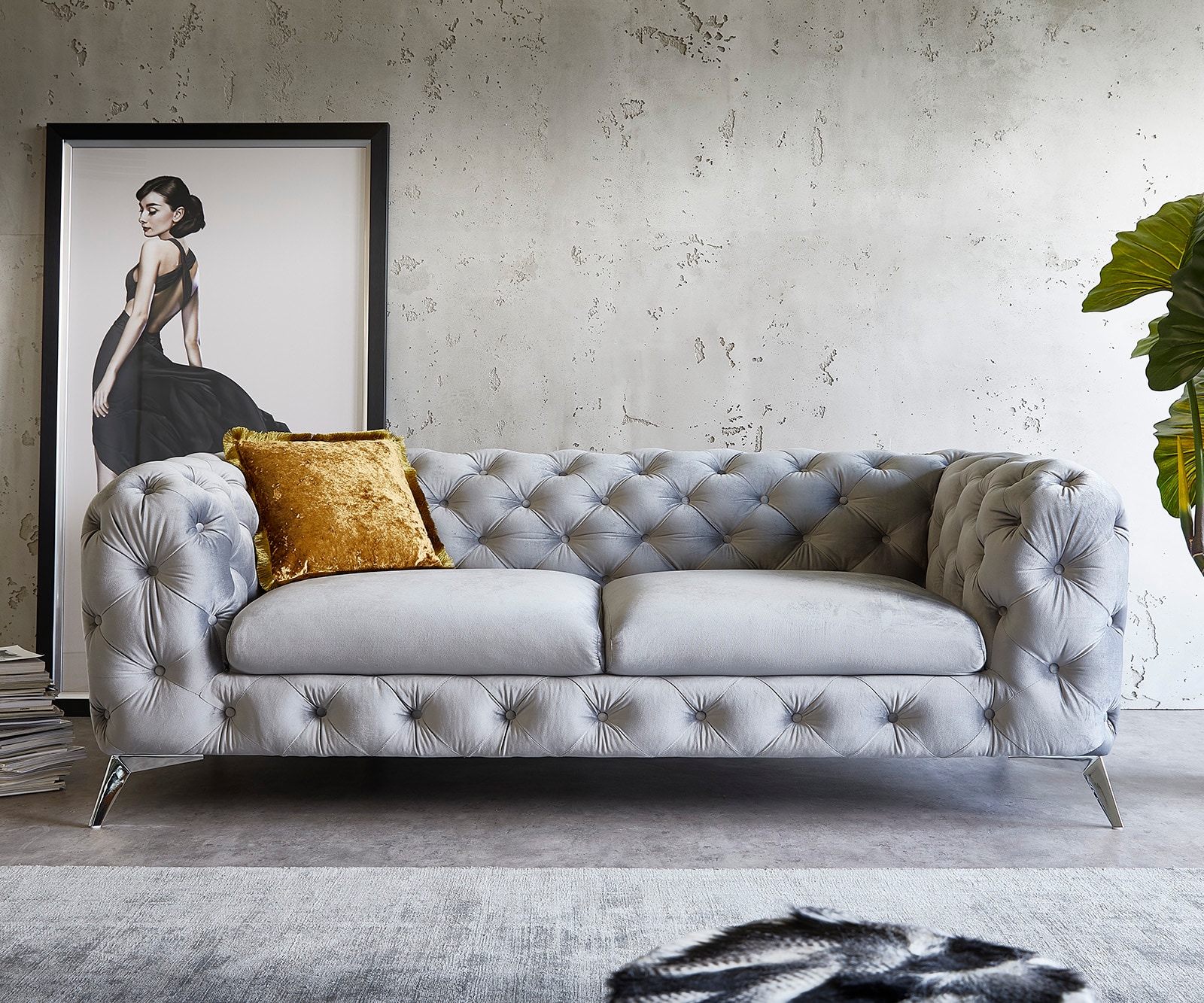 Bankstel Corleone 225x97 cm fluweelgrijs 3-zitsbank
