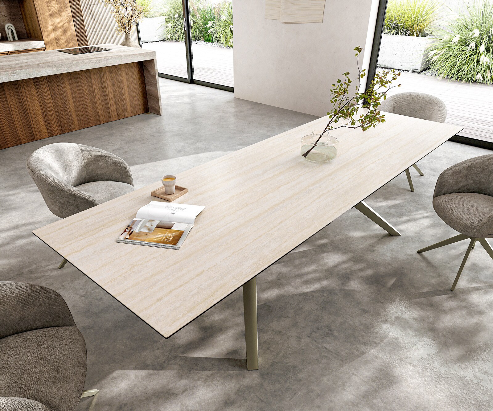 Eettafel Edge 300x100 keramiek  Laminam® Travertino Bianco Creme-wit Zenthara kantig metaal effectafwerking Titan 3