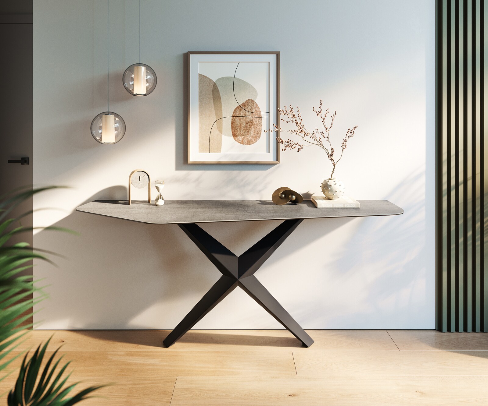Consoletafel Edge Polygonaal 180x50 cm Keramiek Betongrijs Zentharo Metaal Zwart 4