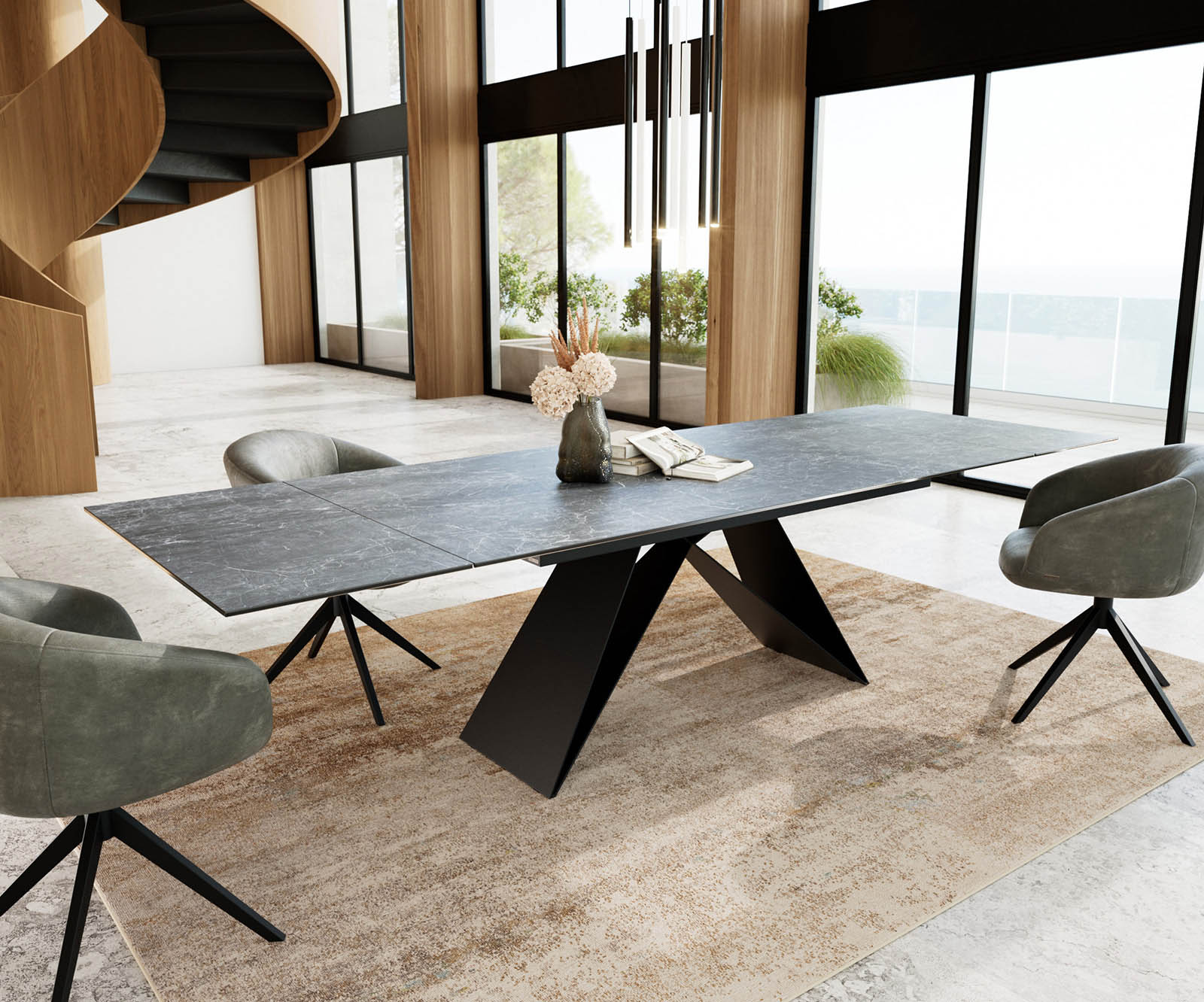 Eetkamertafel Edge 200-300x100 keramiek Laminam®Nero Greco grijs V-frame vlak staal zwart uitschuifbaar 4
