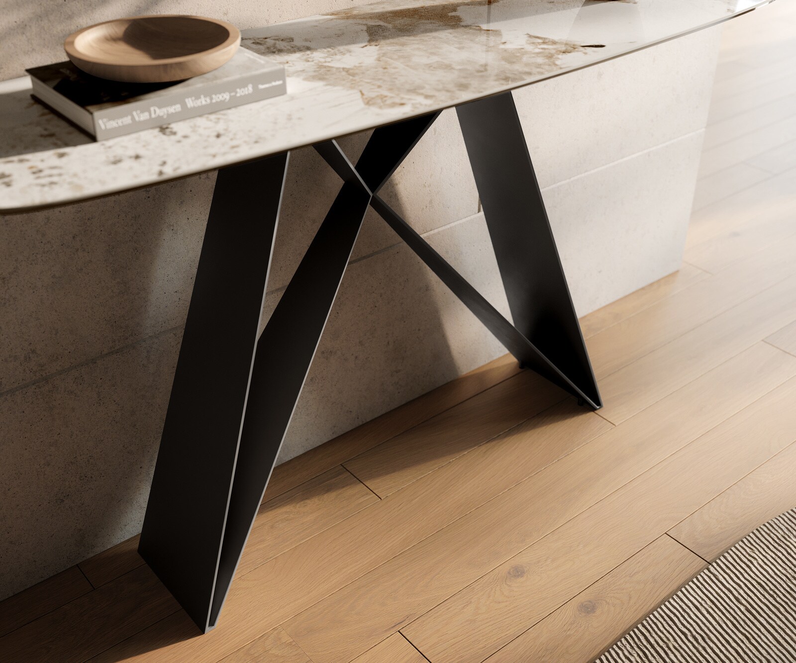 Consoletafel Edge Bootvorm 140x40 cm Keramiek Minas Melange Weiß-Beige Velio Metaal Zwart 6