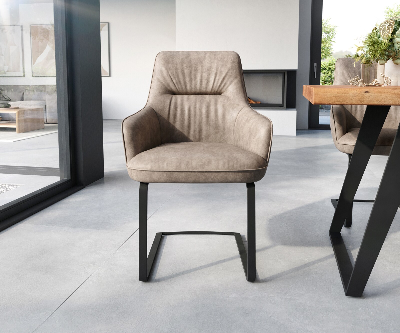 Sledemodel Zelia-Flex met armleuning microvelours taupe vintage sledemodel vlak zwart pocketveer kern 1
