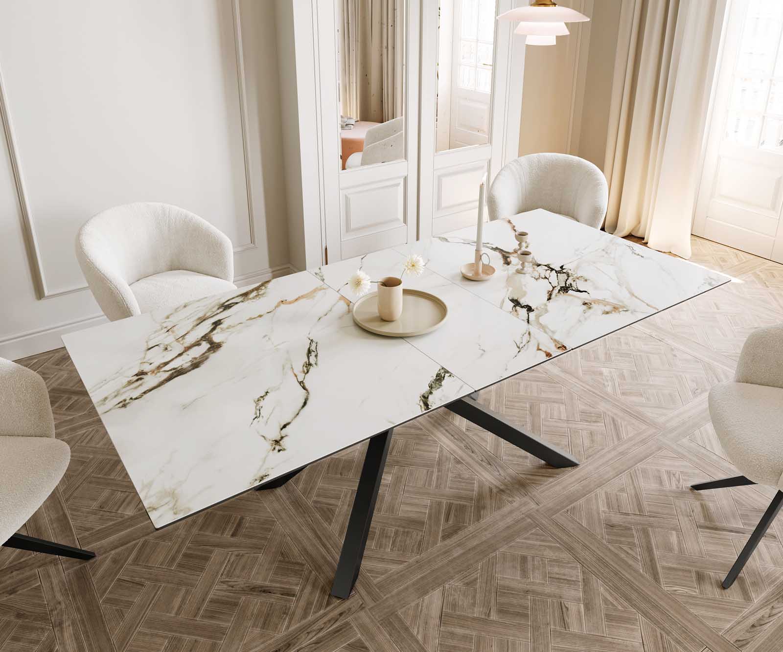 Eetkamertafel Edge 180-220x100 keramiek Calacatta Luxe wit-goud-grijs kruisframe rechthoek zwart uitschuifbaar 5 Eetkamertafel Edge 180-220x100 keramiek Calacatta Luxe wit-goud-grijs kruisframe rechthoek zwart uitschuifbaar 5