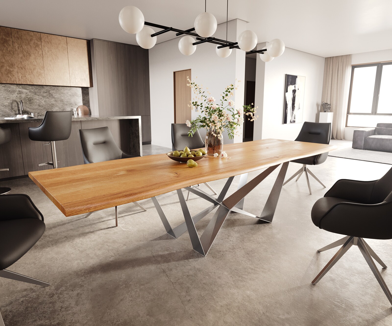 Eettafel Edge 300x100x4 eiken natuur Spider vlak staal RVS Live-Edge