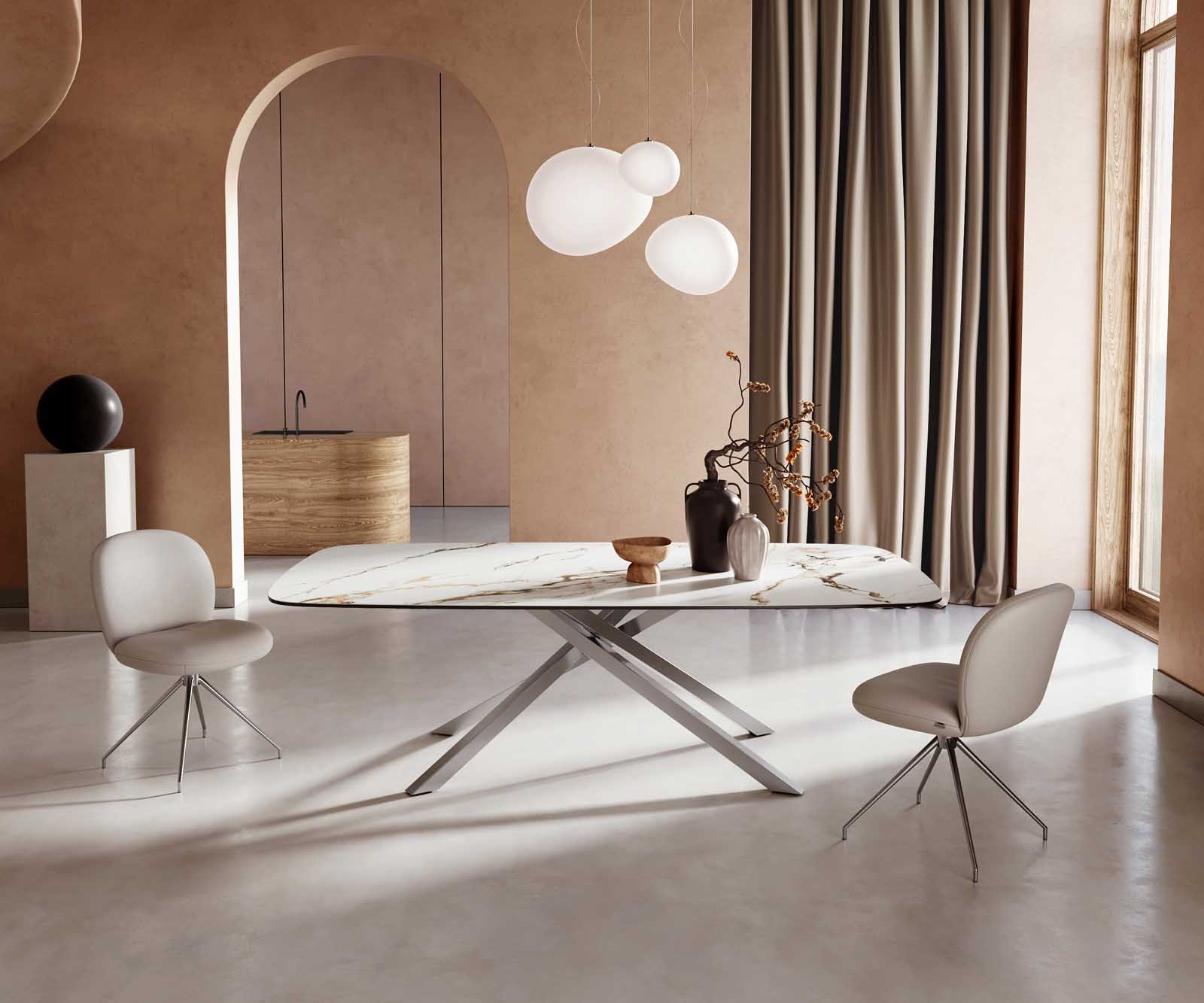 Eetkamertafel Edge Boot 240x120 keramiek Calacatta Luxe wit-goud-grijs kruisframe rechthoek RVS