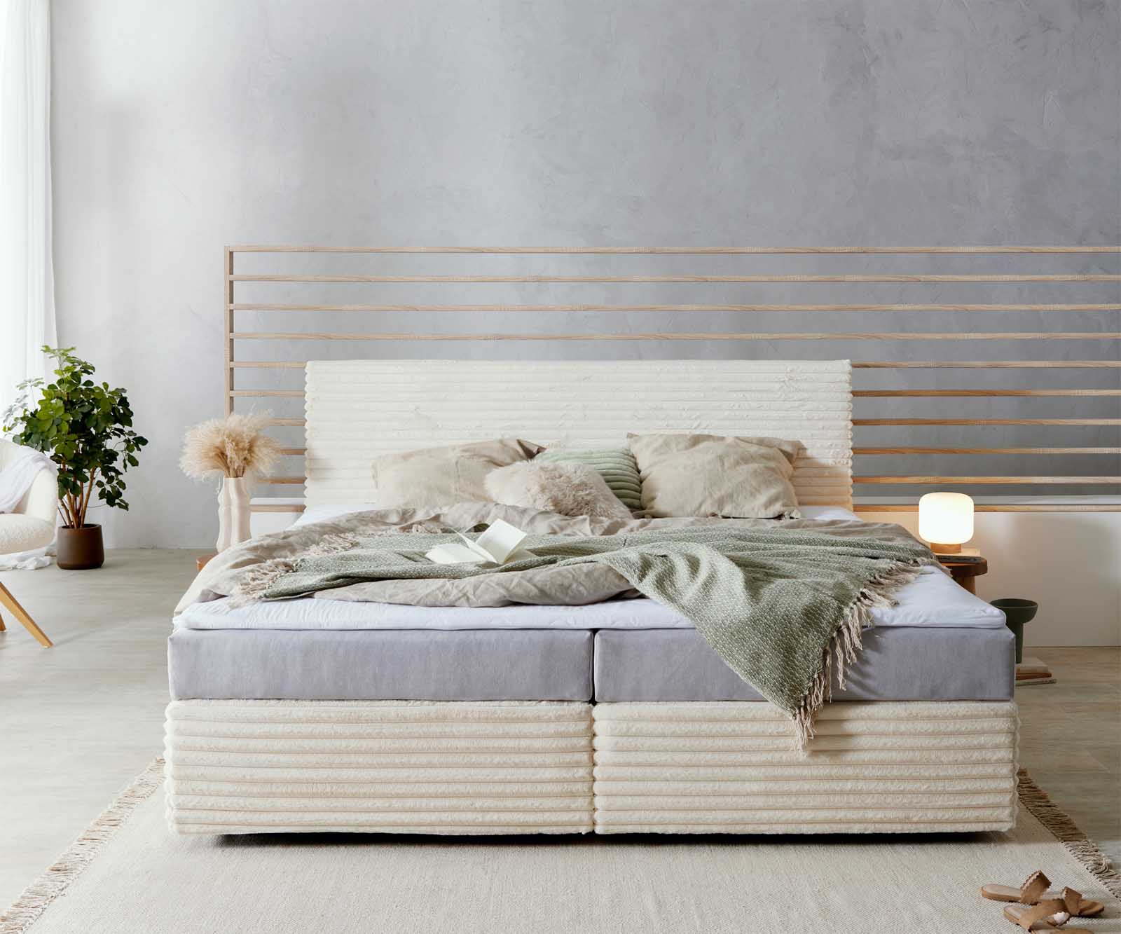 Boxspring bed Dream-Well Plush Cord Beige 200x200 cm met pocketveringmatras en Visco topper 1