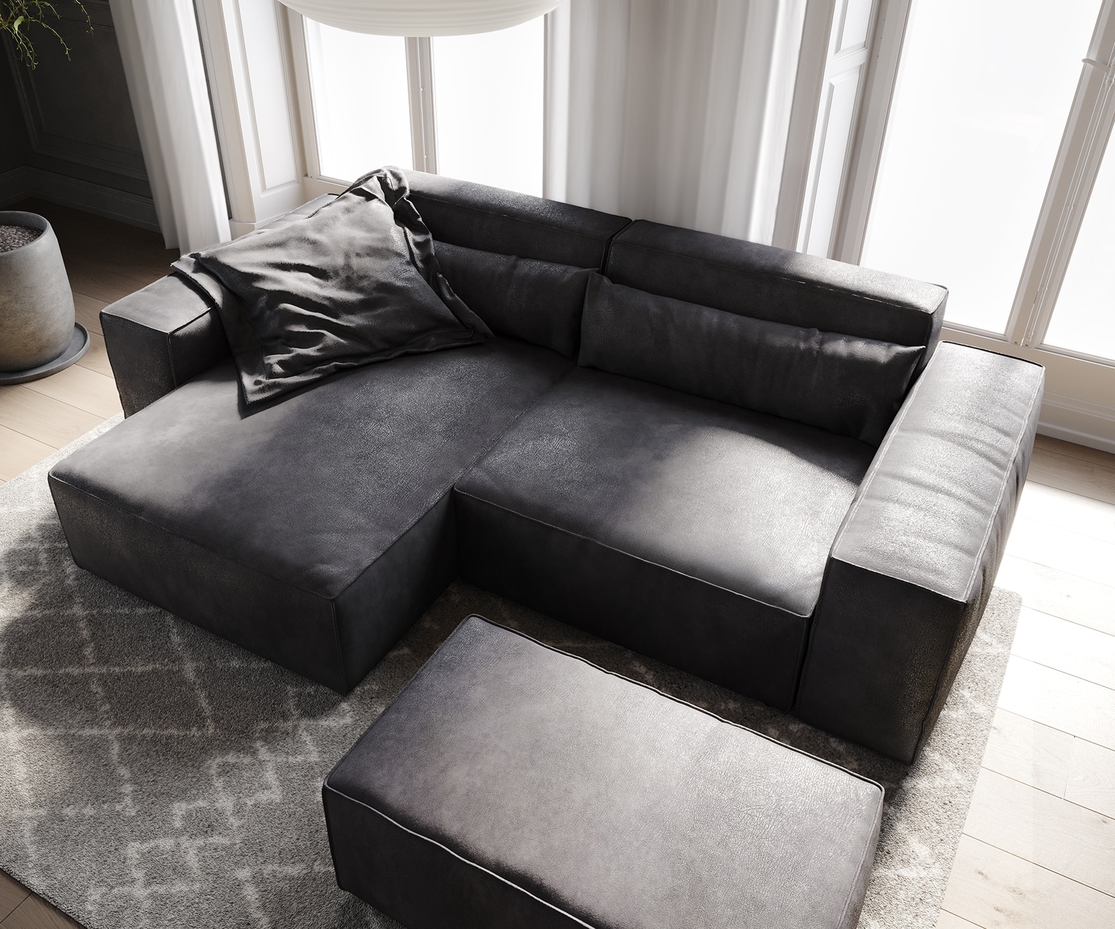 Hoekbank Sirpio 230x150 cm kunstleder vintage antraciet variabele rugleuning met kruk 4