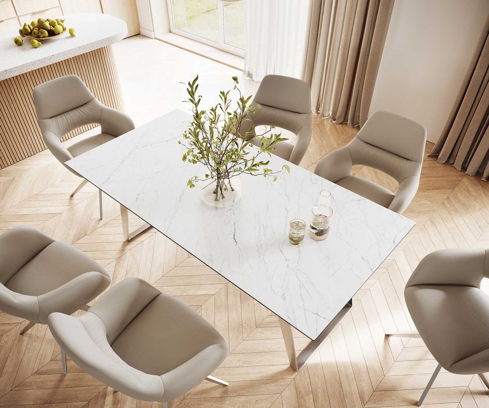 Eettafel Edge 200x100 keramiek Laminam® Statuarietto wit roestvrij staal hoekig 3