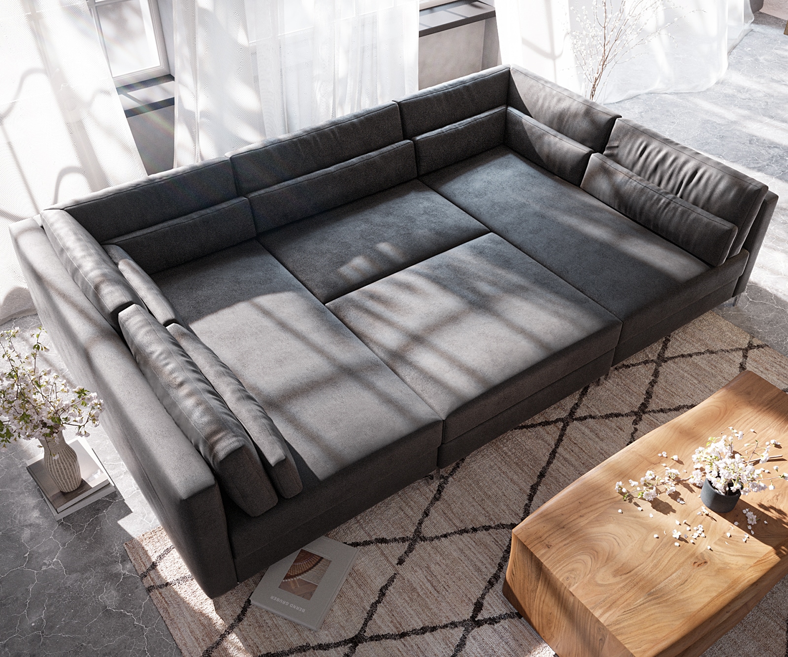 Woonlandschap Elio 300x185 cm kunstleer vintage antraciet met poef 5 Woonlandschap Elio 300x185 cm kunstleer vintage antraciet met poef 5