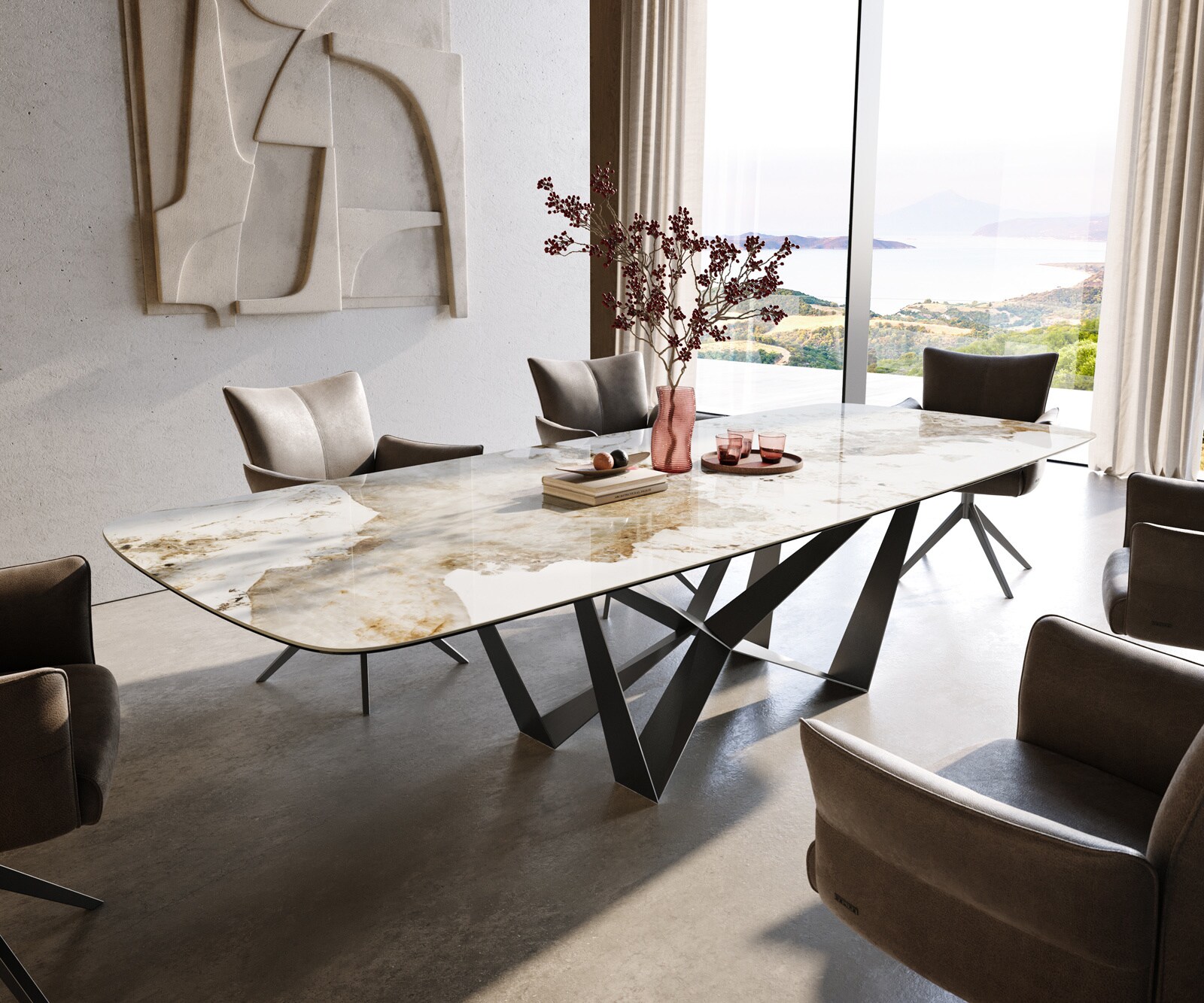 Eettafel Edge Boot 300x120 cm Keramiek Minas Melange Wit-Beige Spider Flachstahl Roestvrij staal Grafiet 1