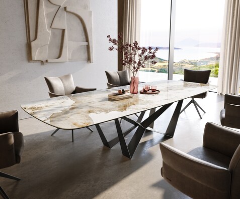 Eettafel Edge Boot 300x120 cm Keramiek Minas Melange Wit-Beige Spider Flachstahl Roestvrij staal Grafiet