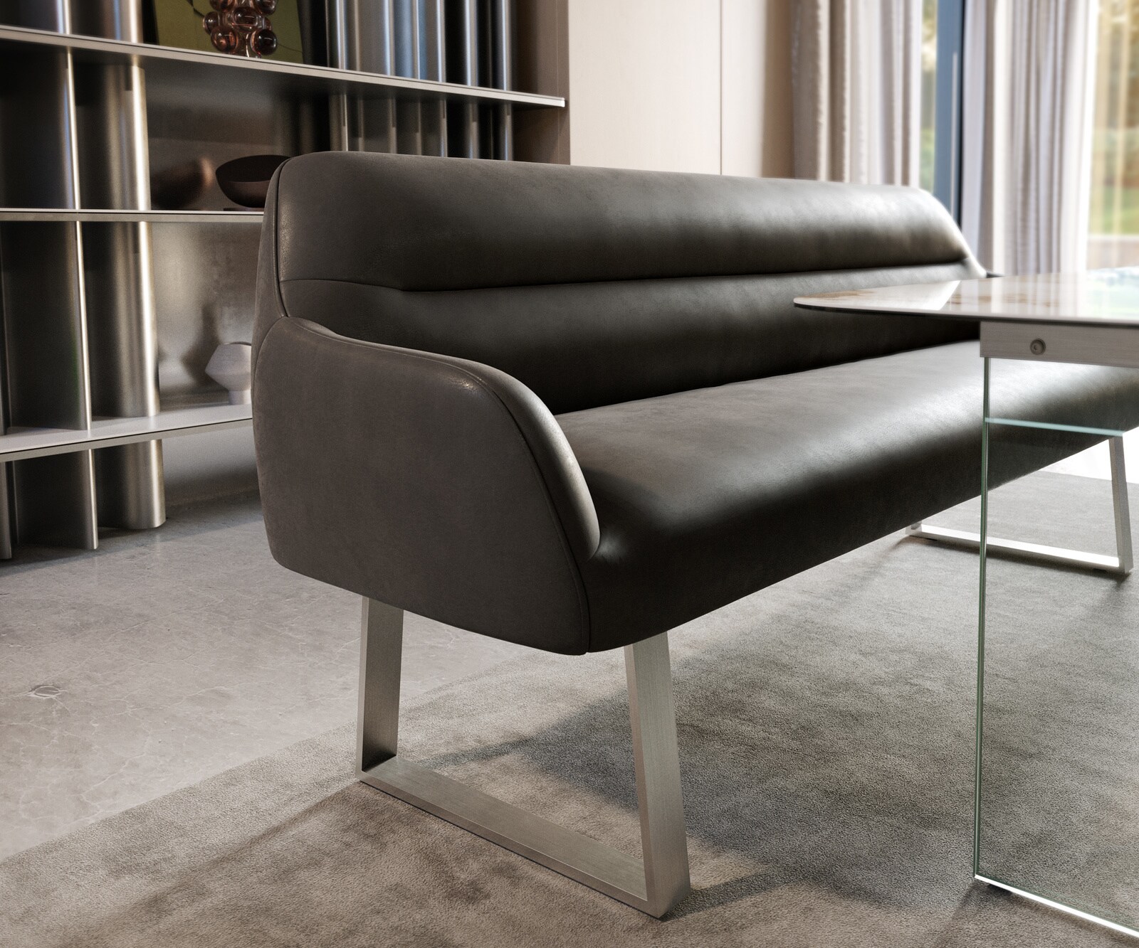 Eetkamerbank Taya-Flex 200 cm microvelours anthraciet vintage gekant sledeframe roestvrij staal pocketvering 4