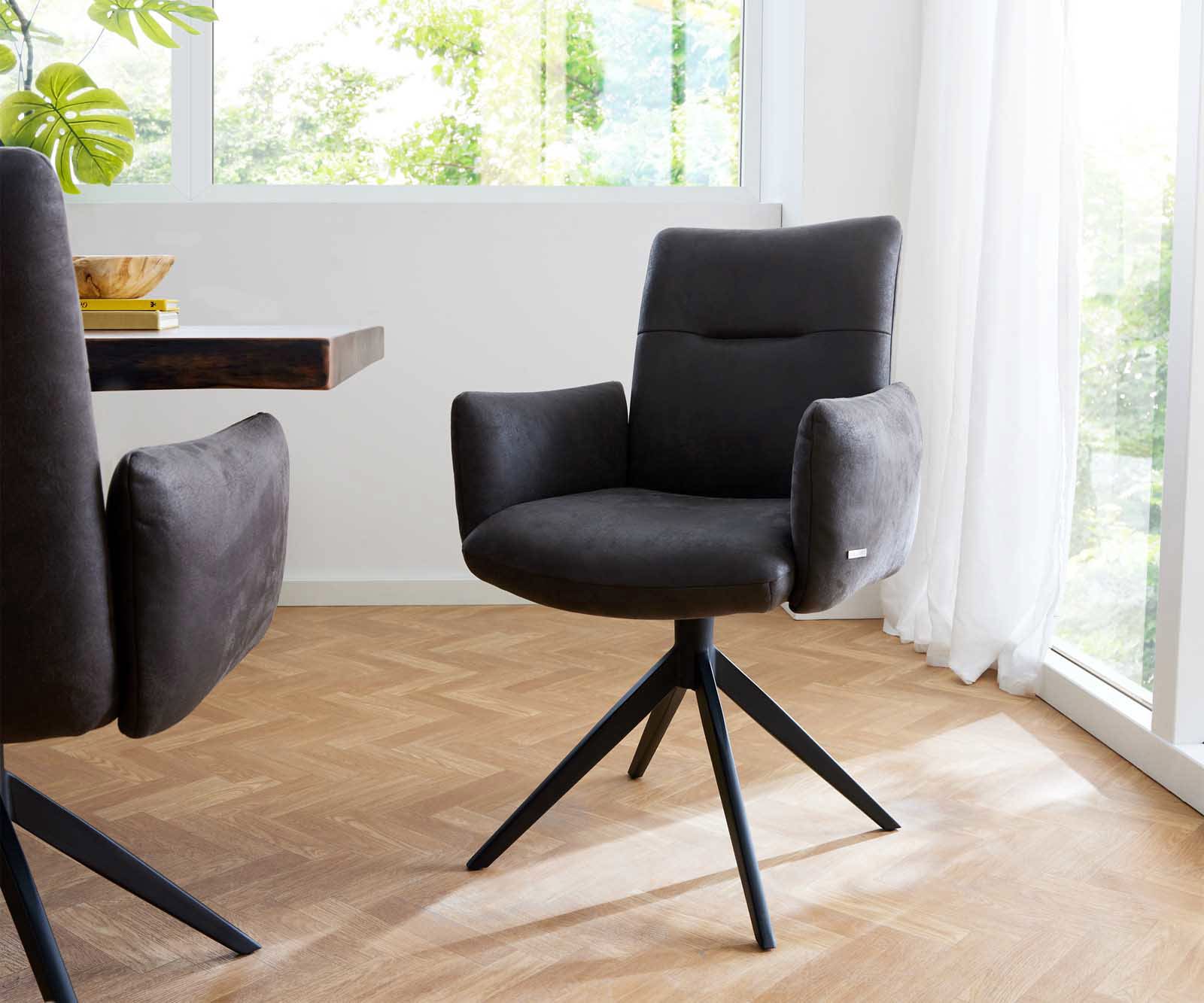 Draaistoel Jova-Flex met armleuning microvelours antraciet vintage kruisframe breed zwart 360° draaibaar pocketveer kern