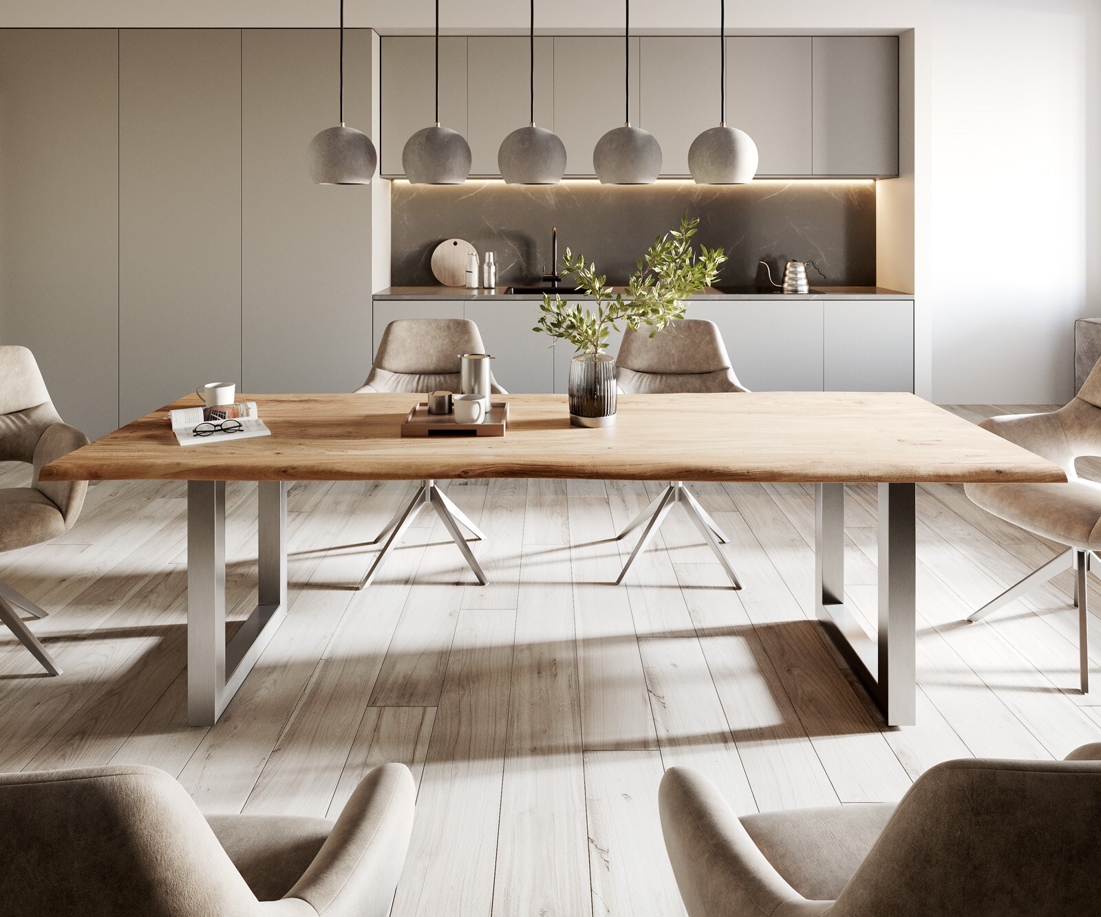 Eettafel Edge 260x100 acacia natuur roestvrijstaal breed Live-Edge 1