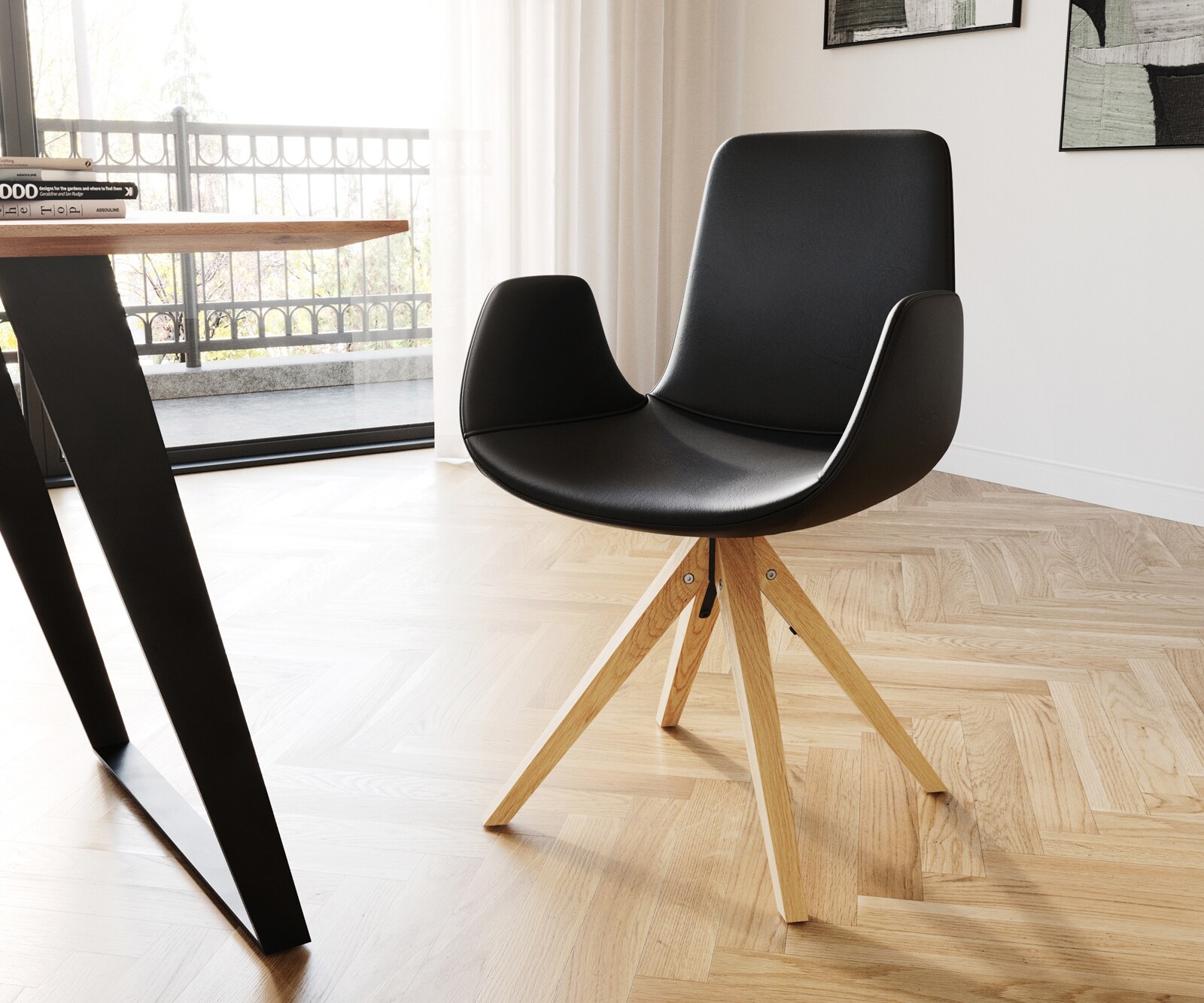 Eetkamerstoel Ilia-Flex met armleuning echt leer zwart houten frame conisch natuur