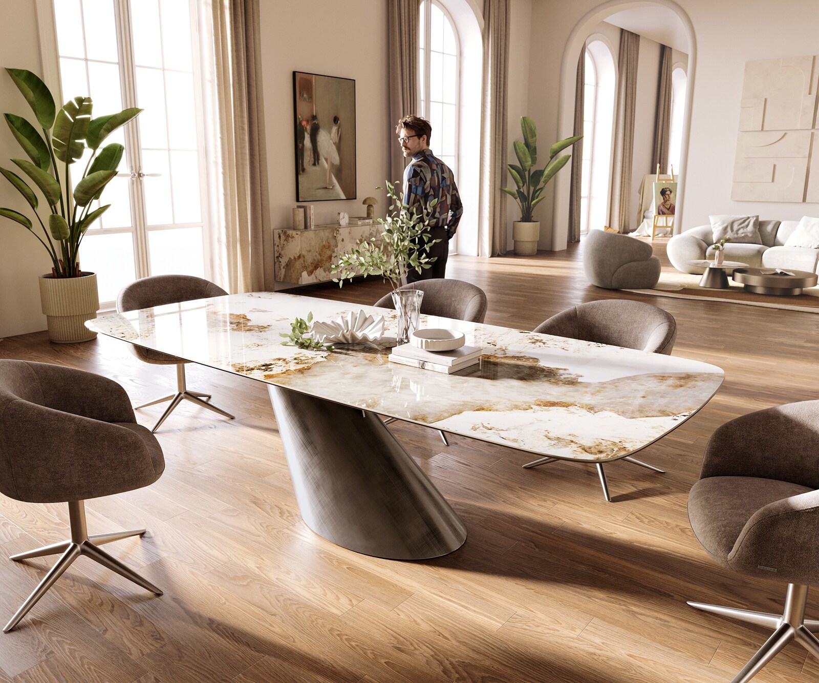 Eettafel Edge Boot 260x120 cm Keramiek Minas Melange Wit-Beige Cono Metaalic Zilver