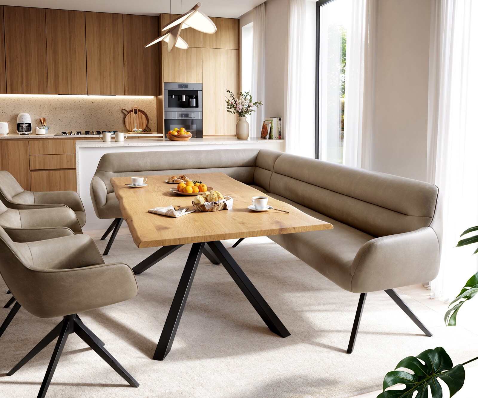 Eetkamerbank Taya-Flex 285x190 cm microvelours beige vintage hoekig kruisframe zwart pocketvering rechts 1