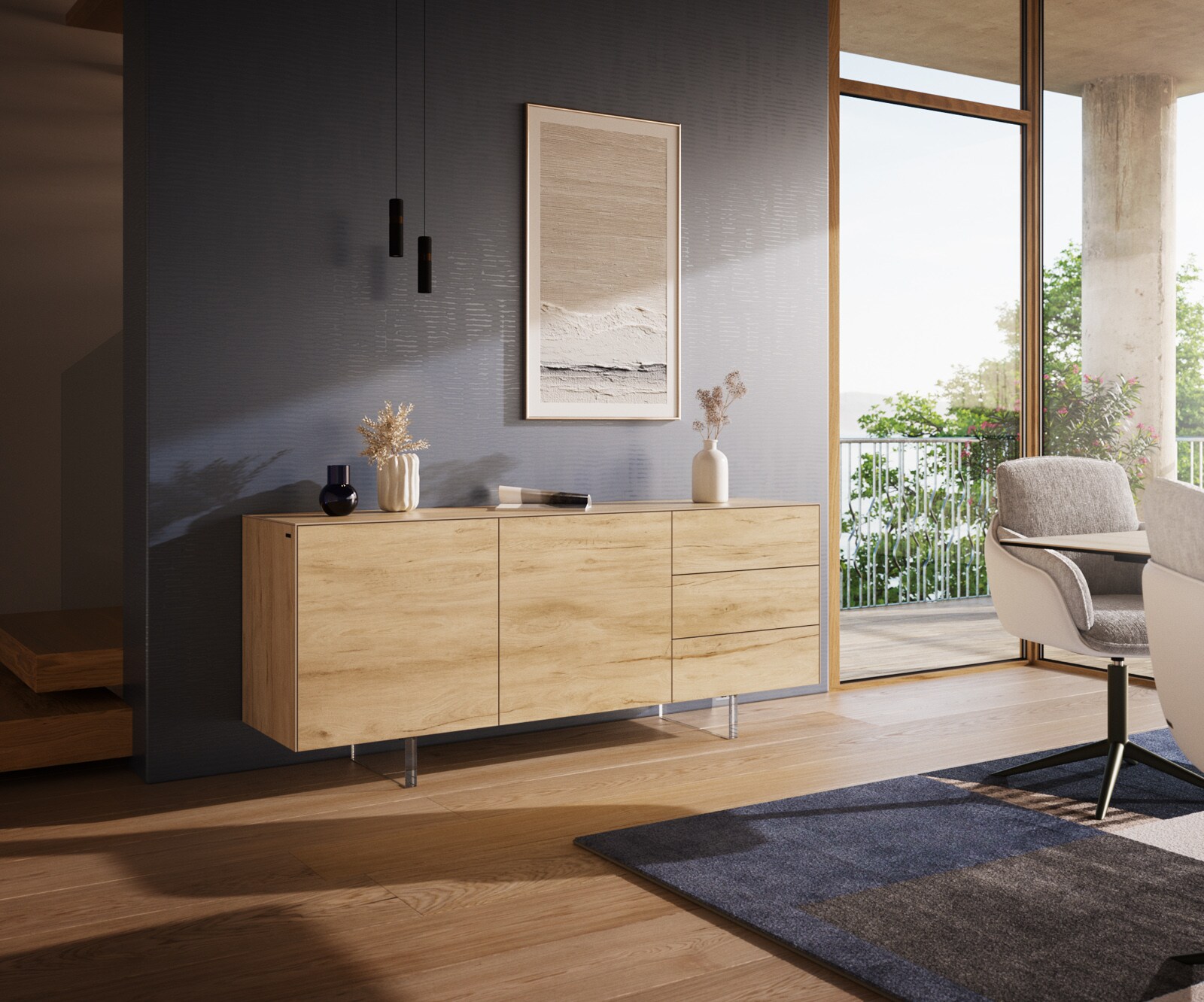 Dressoir Cuor 180 cm Keramiek Laminam® Sabbia Eiken gekleurd 2 Deuren 3 Laden Zwevende voet look Acrylglas 1