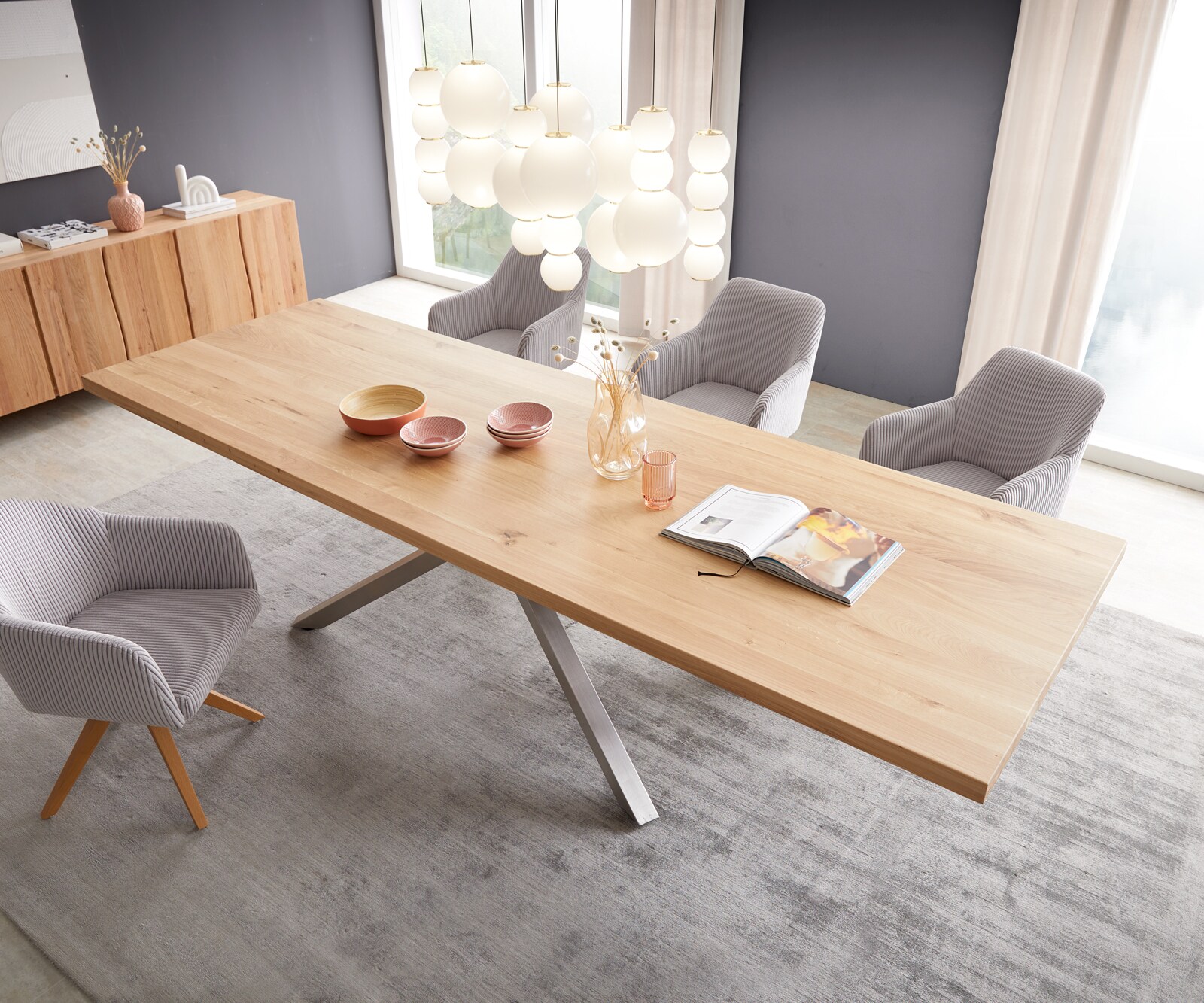 Eettafel Edge 300x100 eiken natuur kruisframe rechthoek roestvrij staal 4