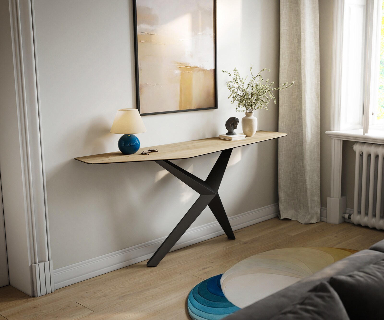 Consoletafel Edge Polygonaal 180x50 cm Keramiek Laminam® Sabbia Eichefarbig Zentharo Metaal Zwart 4