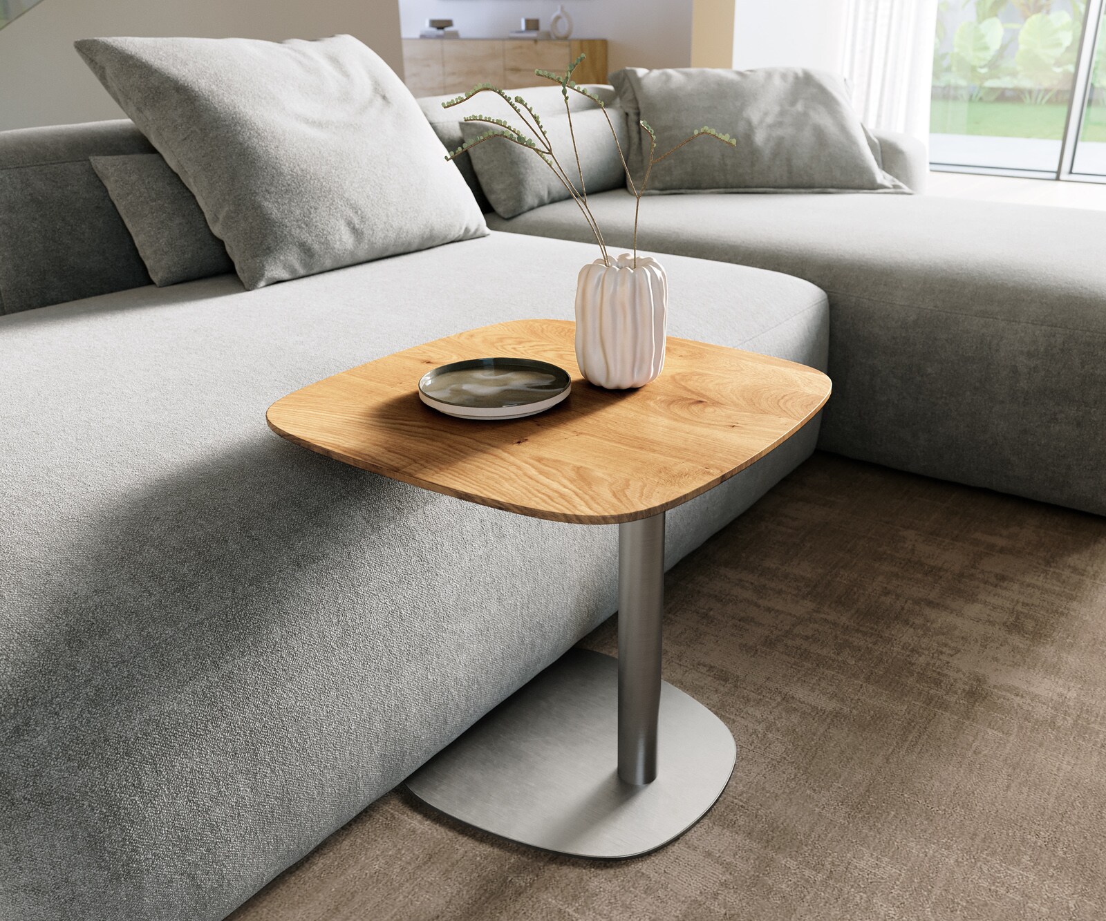 Bijzettafel Edge Boot 50x50 cm Eiken Naturel Zwitserse rand Eleny geborsteld roestvrij staal