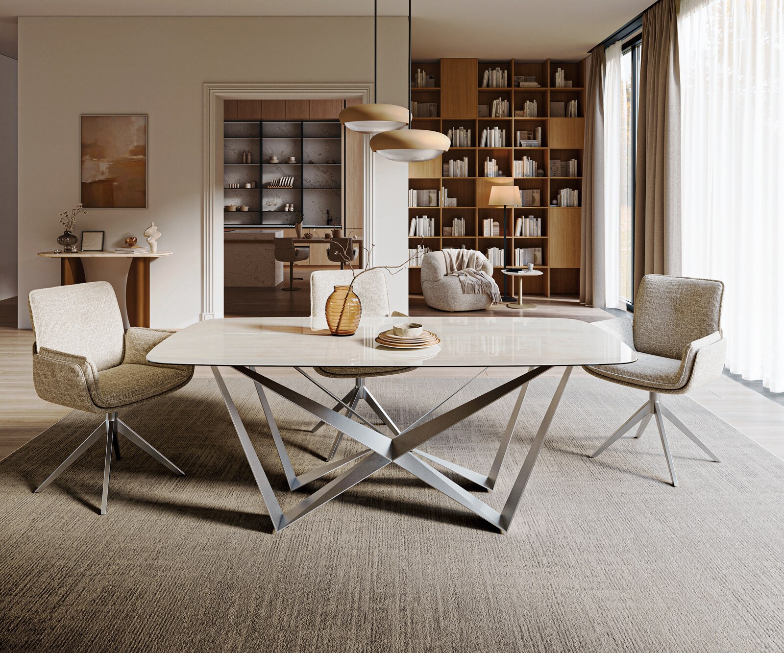 Eettafel Edge boot 200x100 cm keramiek Onyx Champagne Spider platstaal roestvrij staal grafiet 2