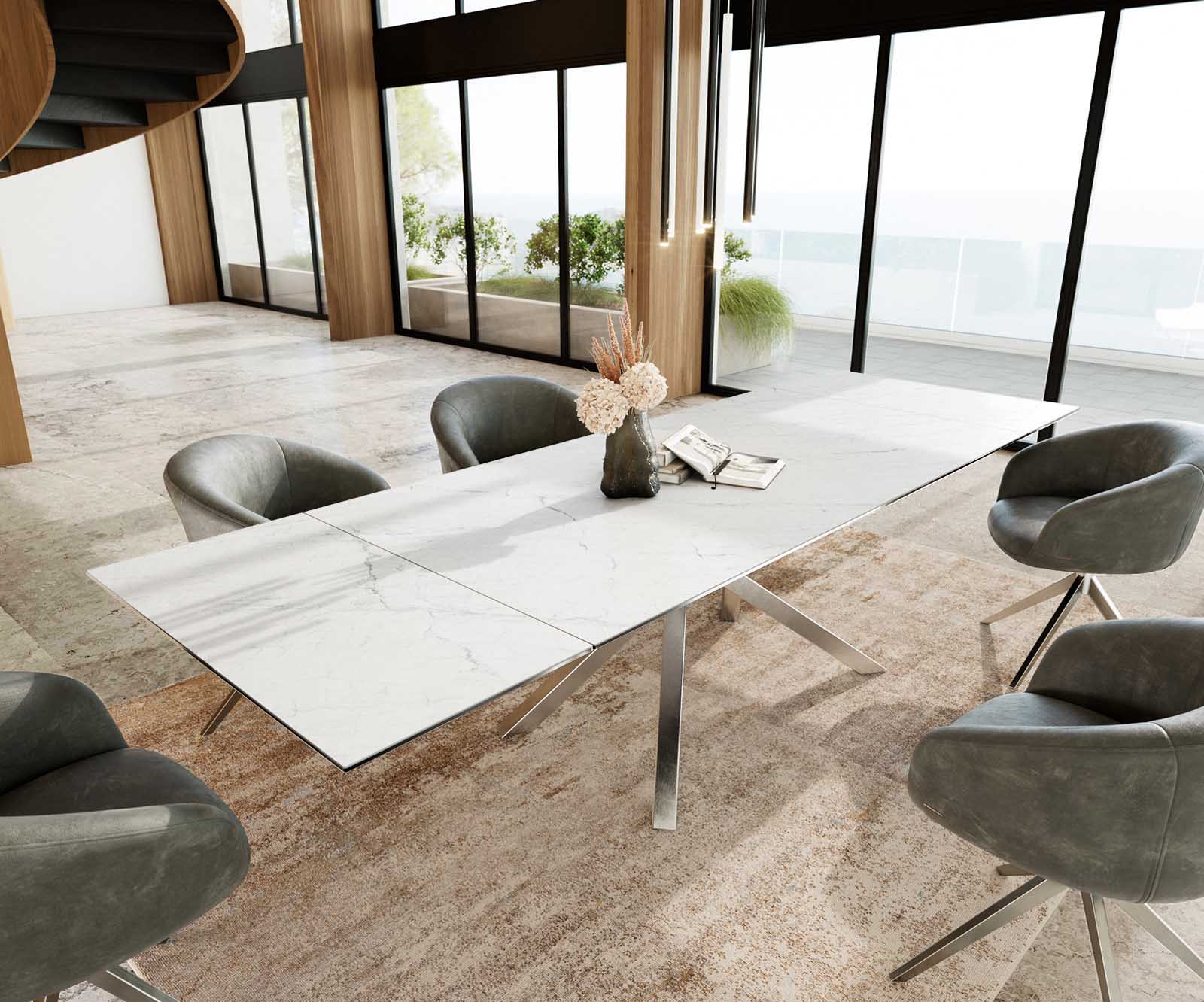Eetkamertafel Edge 200-300x100 keramiek Laminam®Statuarietto Weiß kruisframe rechthoek RVS uitschuifbaar 2