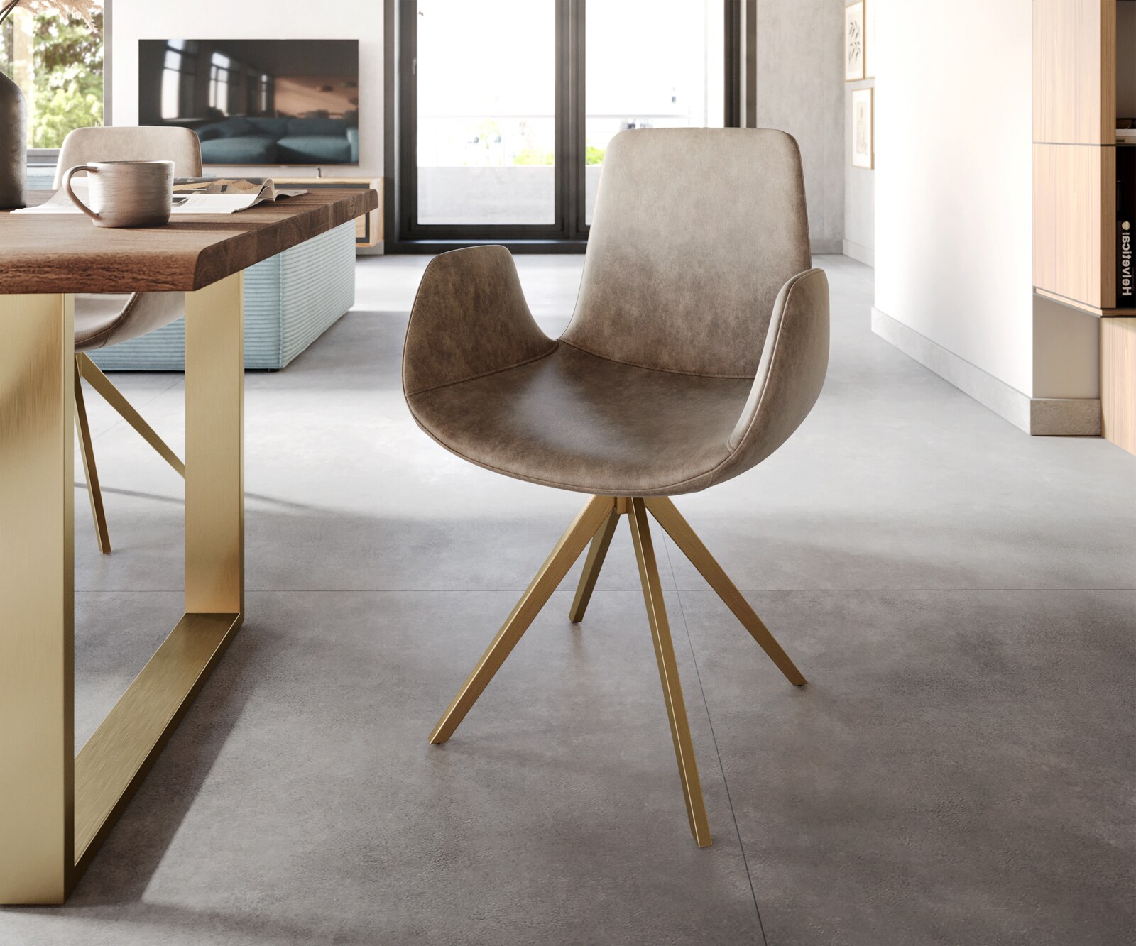 Draaistoel Ilia-Flex met armleuning microvelours taupe vintage kruisframe hoekig goud 180° draaibaar