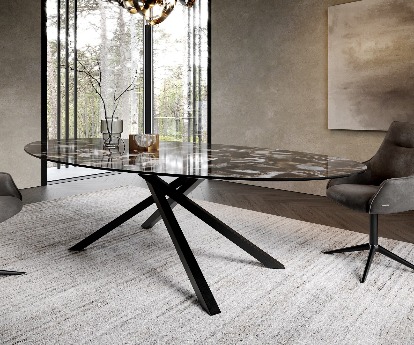 Eetkamertafel Edge Oval 280x130 cm Keramiek Iris FMG Agatablack kruisonderstel Rechthoek Zwart 6