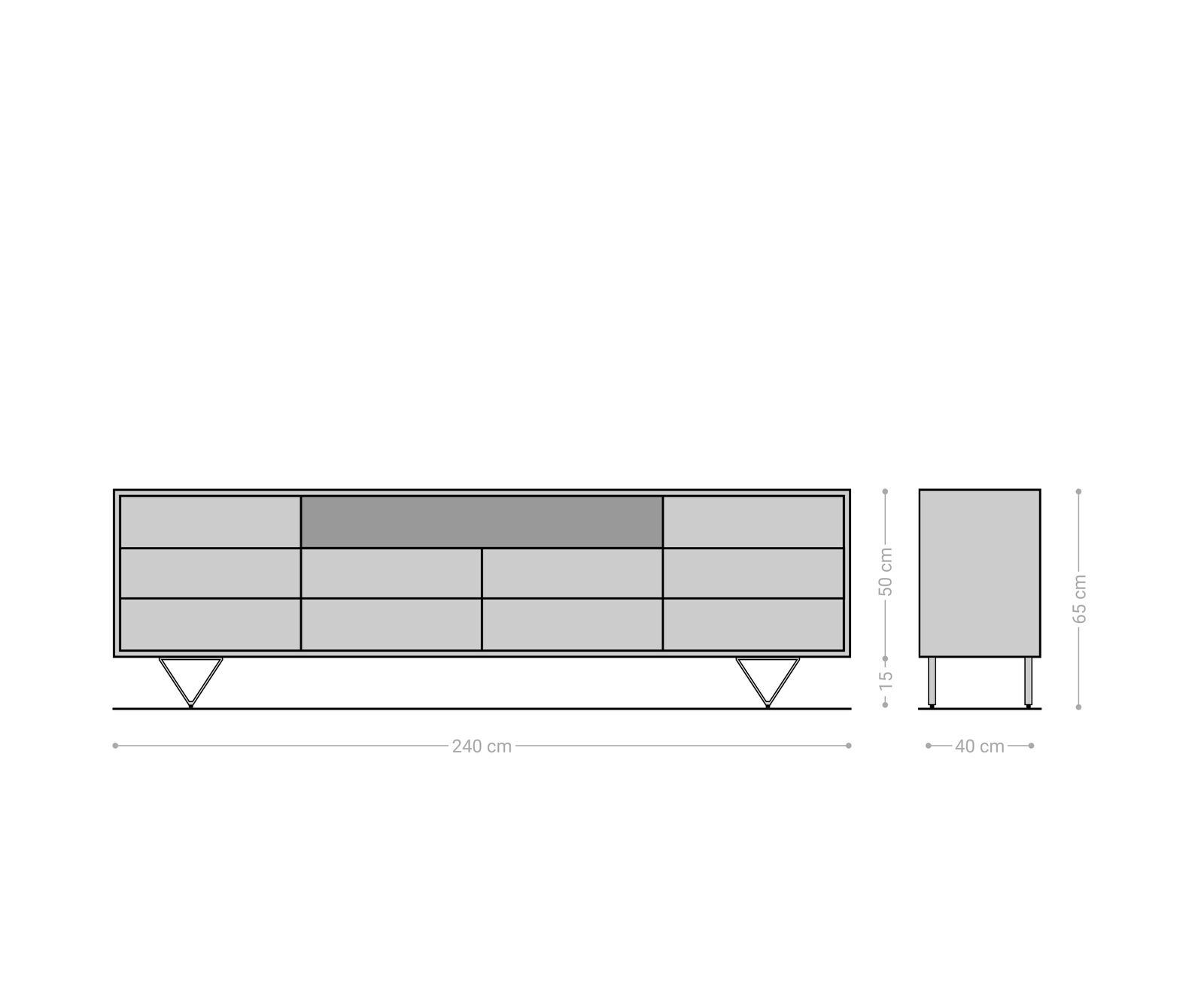 Dressoir Eloi Acacia Natuur 240x40 cm 2 Deuren 6 Laden V-Poot RVS 8