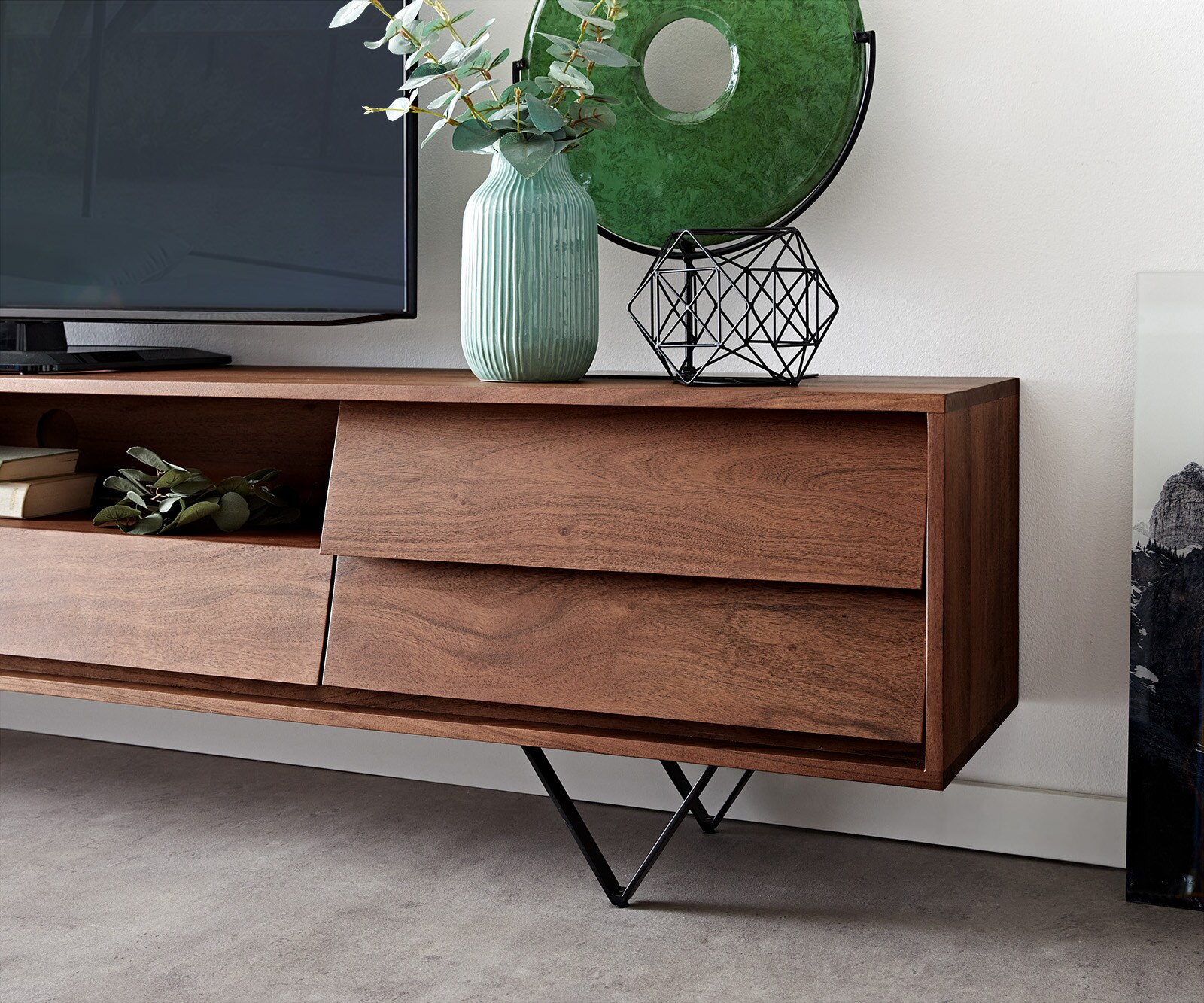 TV-Meubel Eloi Acacia Bruin 240x35 cm 2 Deuren 2 Laden V-Poot Zwart 5 TV-Meubel Eloi Acacia Bruin 240x35 cm 2 Deuren 2 Laden V-Poot Zwart 5