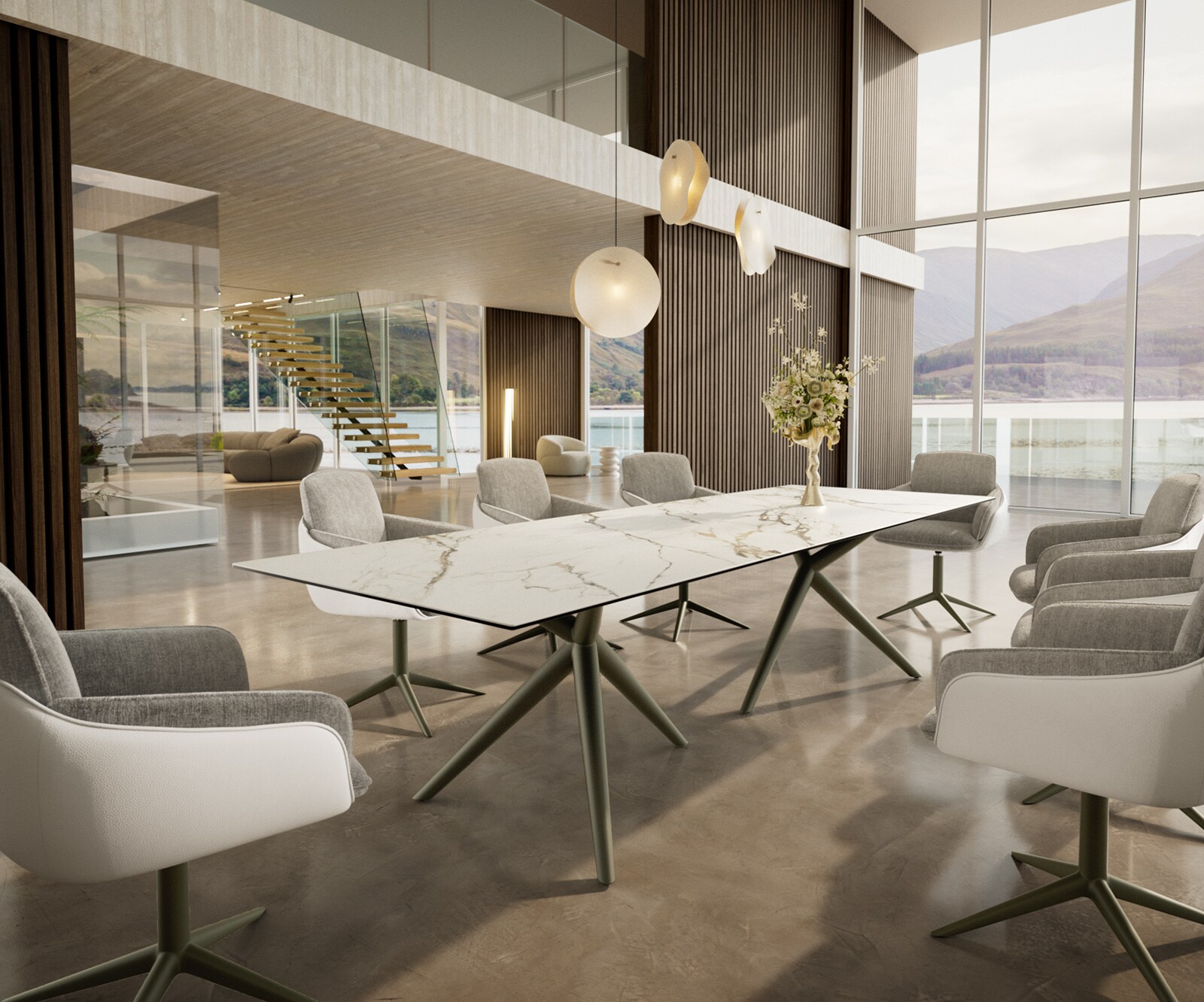 Eetkamertafel Edge 300x100 keramiek Calacatta Luxe wit-Gold-grijs Estelar rond  metaal effectafwerking titaan 5