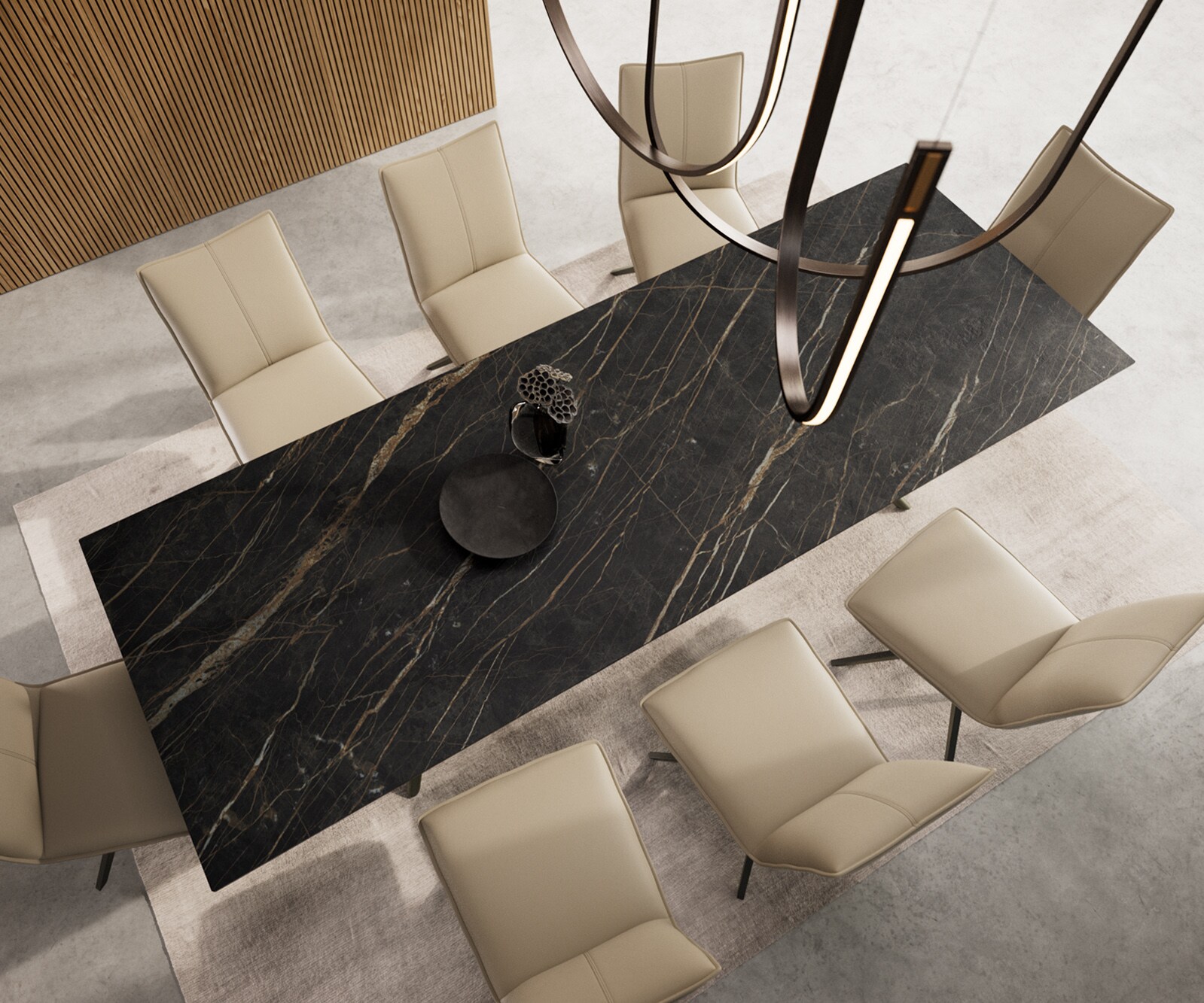 Eetkamertafel Edge 300x100 keramiek Laminam®Noir Desir bruin Estelar rond  metaal effectafwerking titaan 5