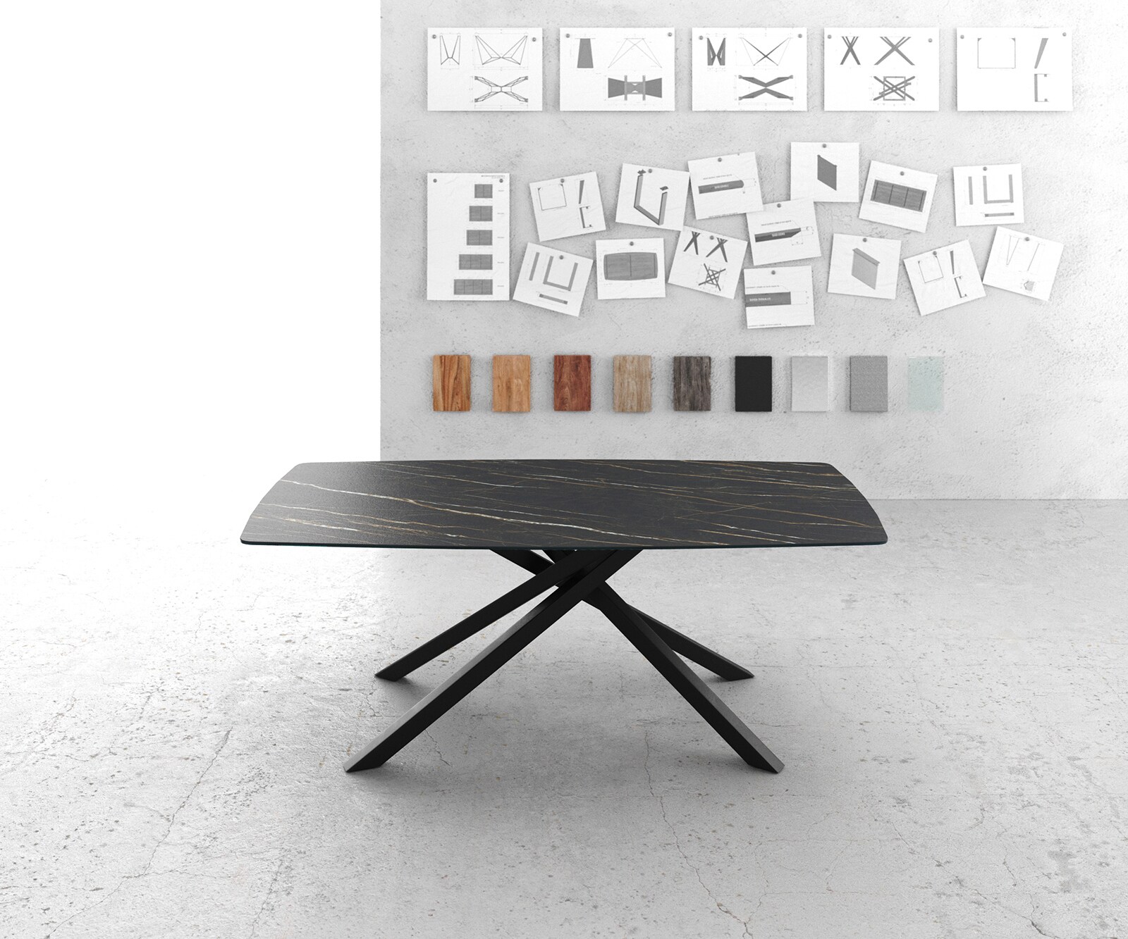 Eettafel Edge Bootsform 200x100cm Laminam® keramiek bruin middenpoot kruis zwart 1