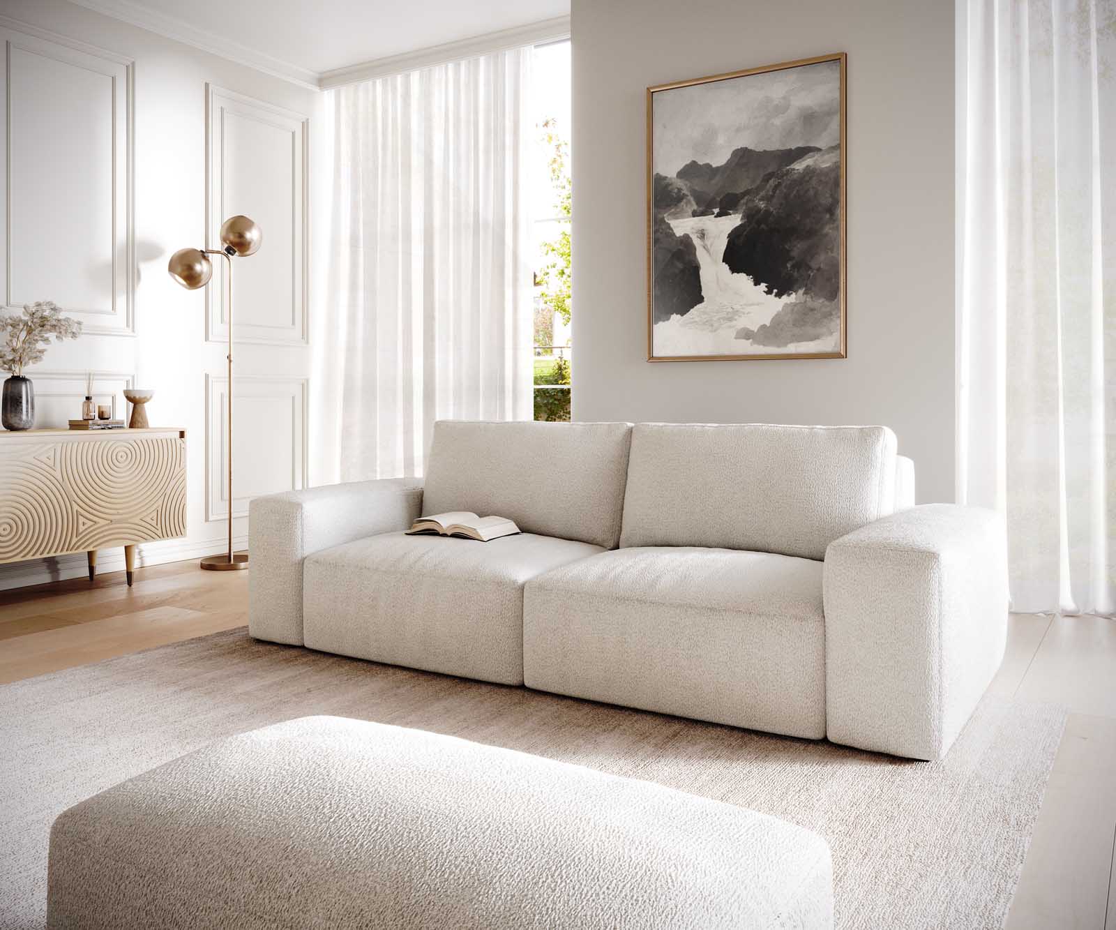 Big-sofa Lanzo 230x95 cm bouclé crème-wit met hocker
