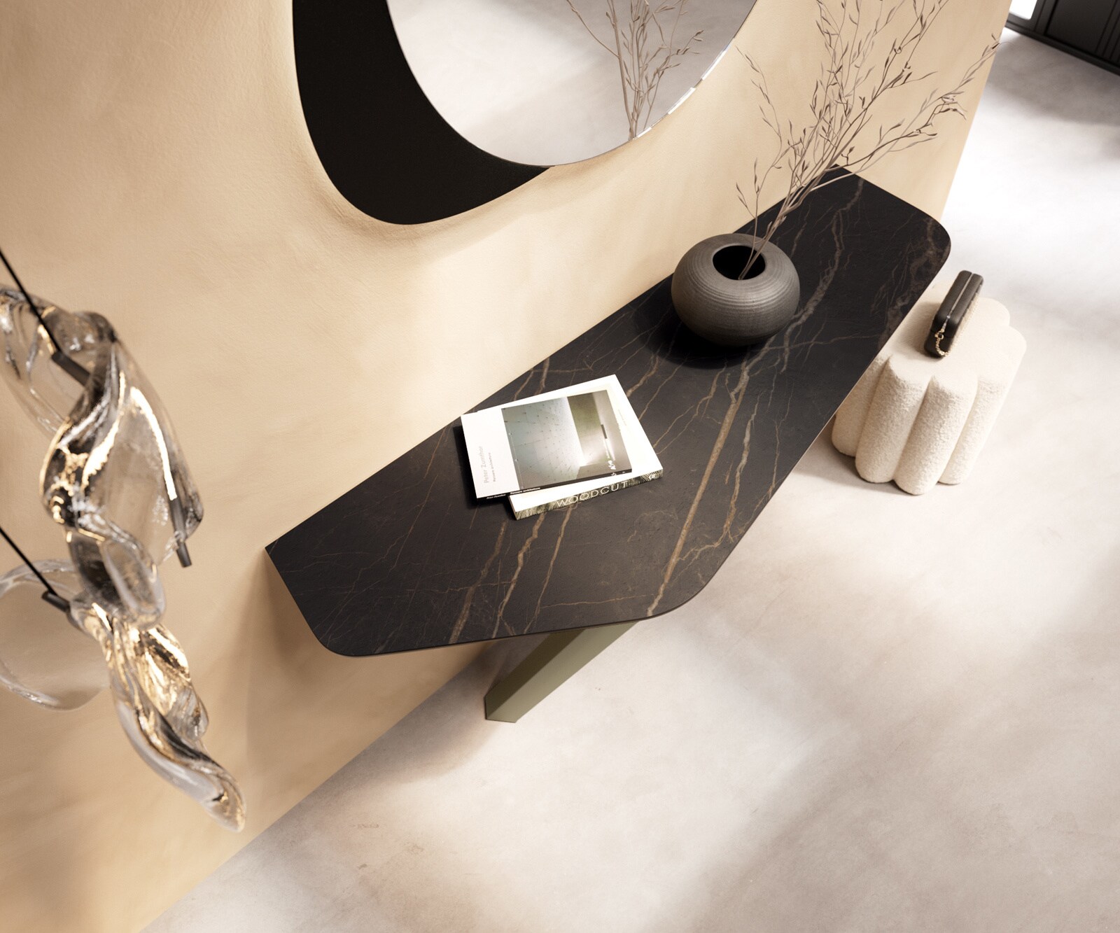 Consoletafel Edge Polygonaal 140x50 cm Keramiek Laminam® Noir Desir Braun Zentharo Metaal Effektfinish Titan 2