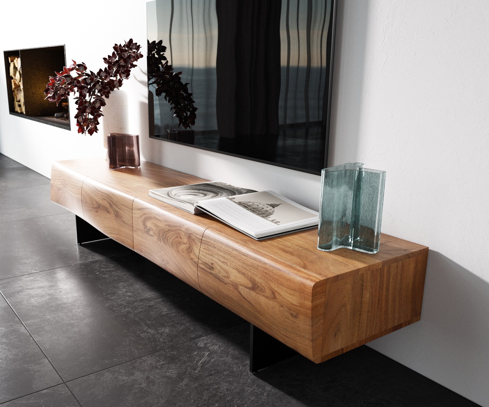 TV-meubel New Live-Edge 175 cm acacia natuu 4 deuren poot zwevend metaal zwart 2