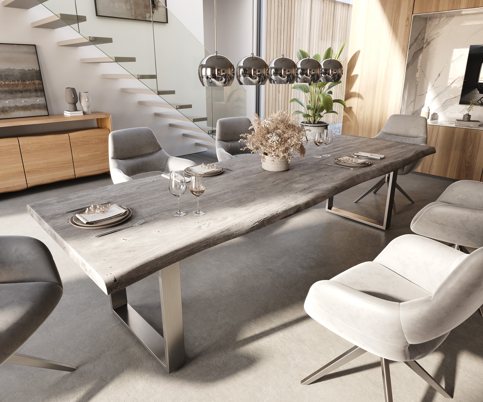 Eettafel Edge 300x100 XL acacia platina roestvrijstaal smal Live-Edge Eettafel Edge 300x100 XL acacia platina roestvrijstaal smal Live-Edge