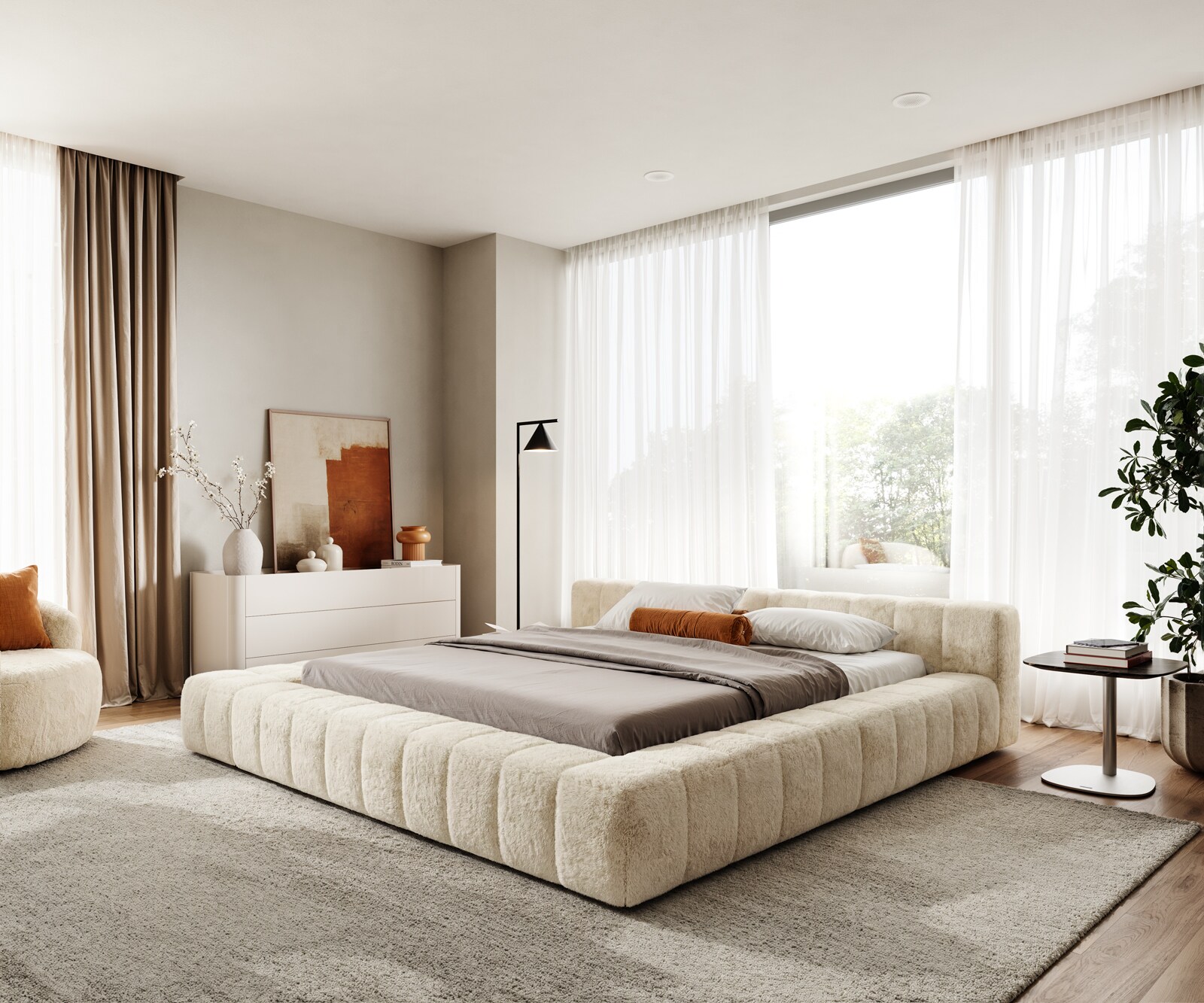 Gestoffeerd bedframe Espazio 180x200 cm Plüsch crème-wit