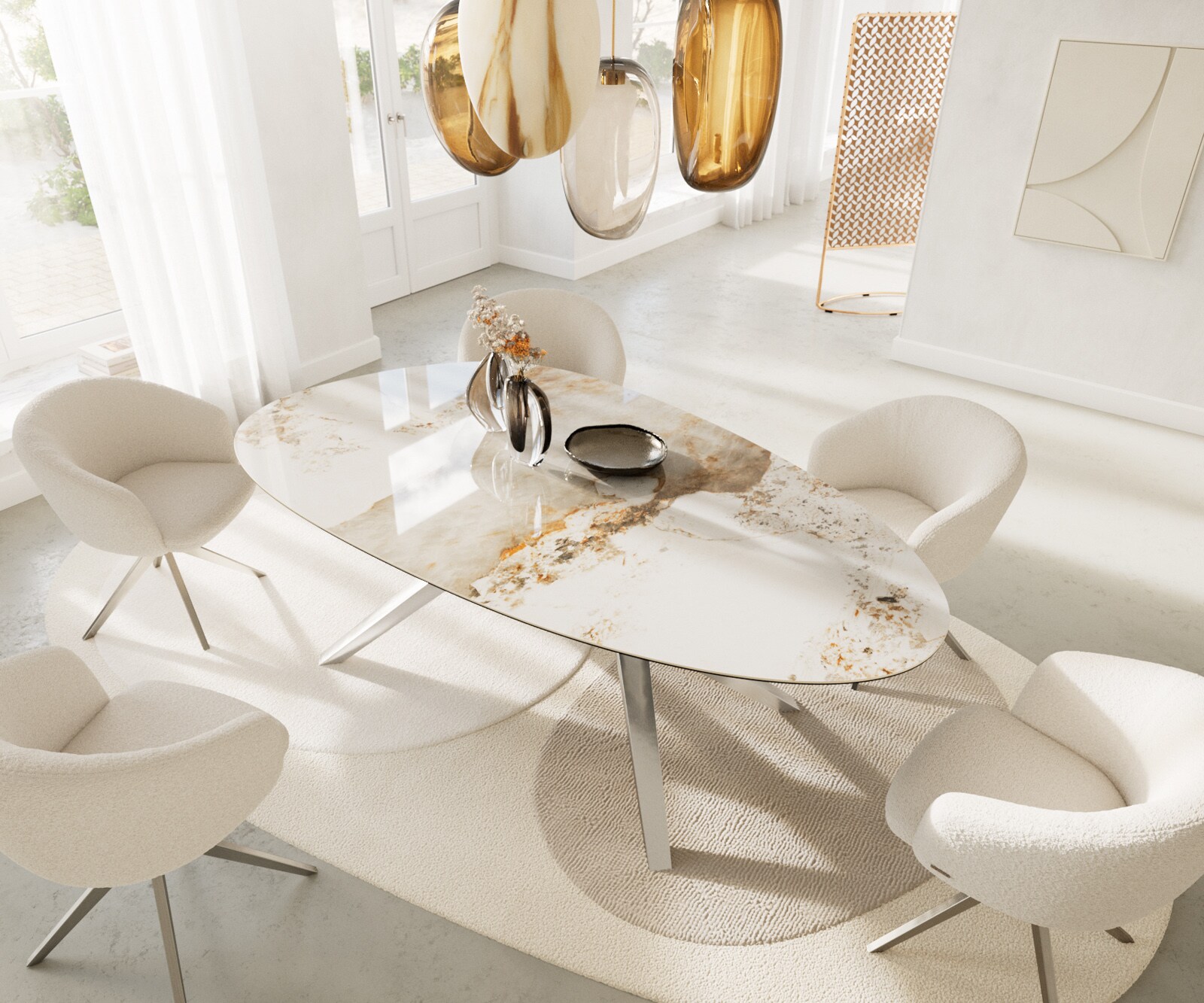 Eetkamertafel Edge ovaal 220x120 keramiek Minas Melange wit-Beige Zenthara hoekig roestvrij staal 4
