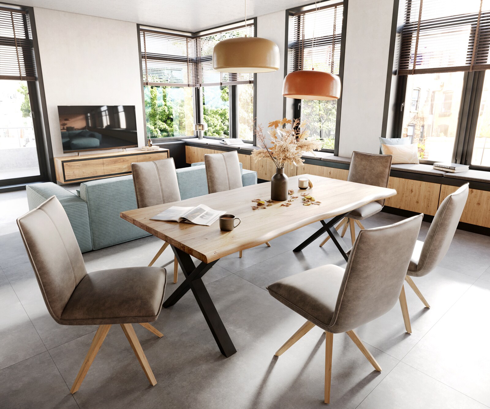 Eetkamerstoel Lelio-Flex microvelours taupe vintage houten frame hoekig natuur 360° draaibaar pocketveer kern 4