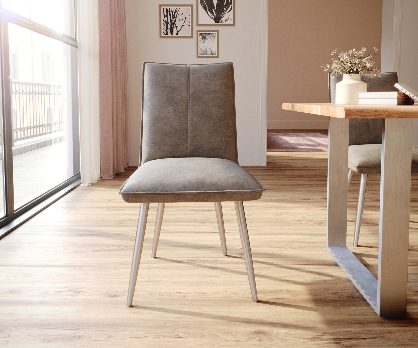Eetkamerstoel Lelio-Flex microvelours taupe vintage 4-poot conisch roestvrij staal pocketveer kern 1