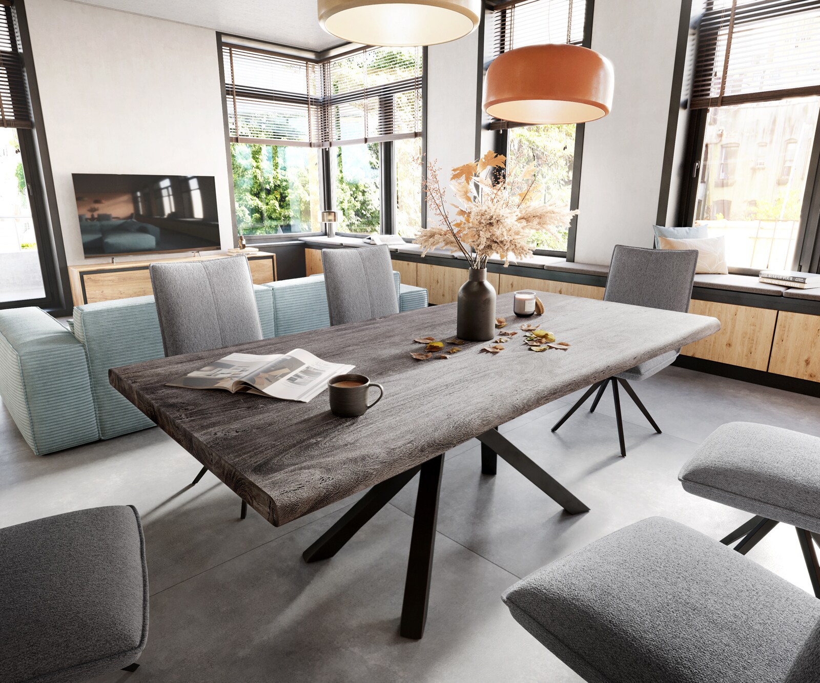 Eettafel Edge 200x100 XL acacia platina Kreuzframe rechthoek zwart Live-Edge