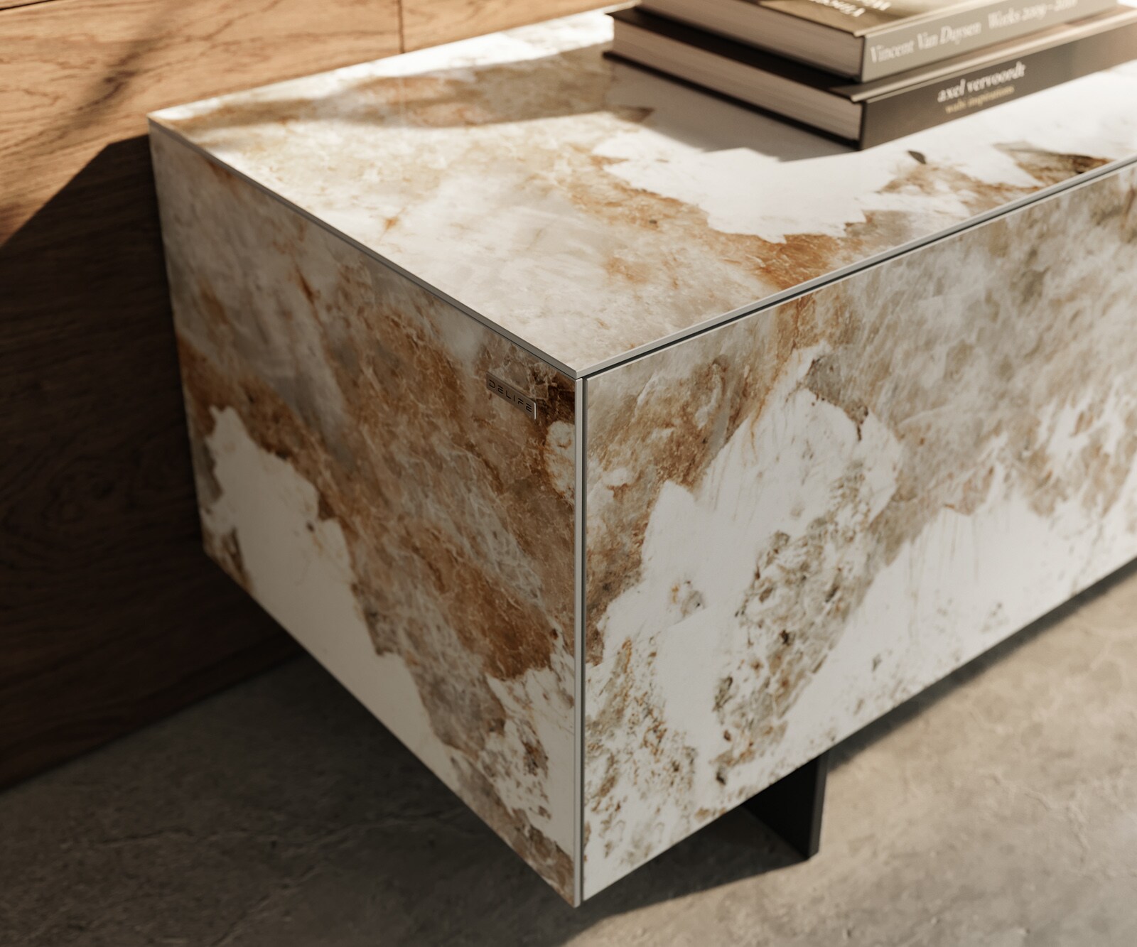 Tv-meubel Cuor 220 cm Keramiek Minas Melange Wit-beige 1 Flap 2 Laden Zwevende voet look Metaal Zwart 6