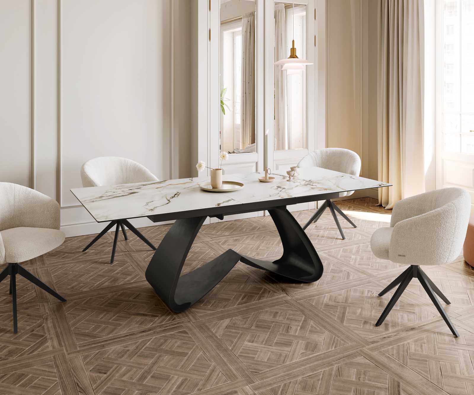 Eetkamertafel Edge 180-220x100 keramiek Calacatta Luxe wit-goud-grijs W-frame zwart uitschuifbaar 8