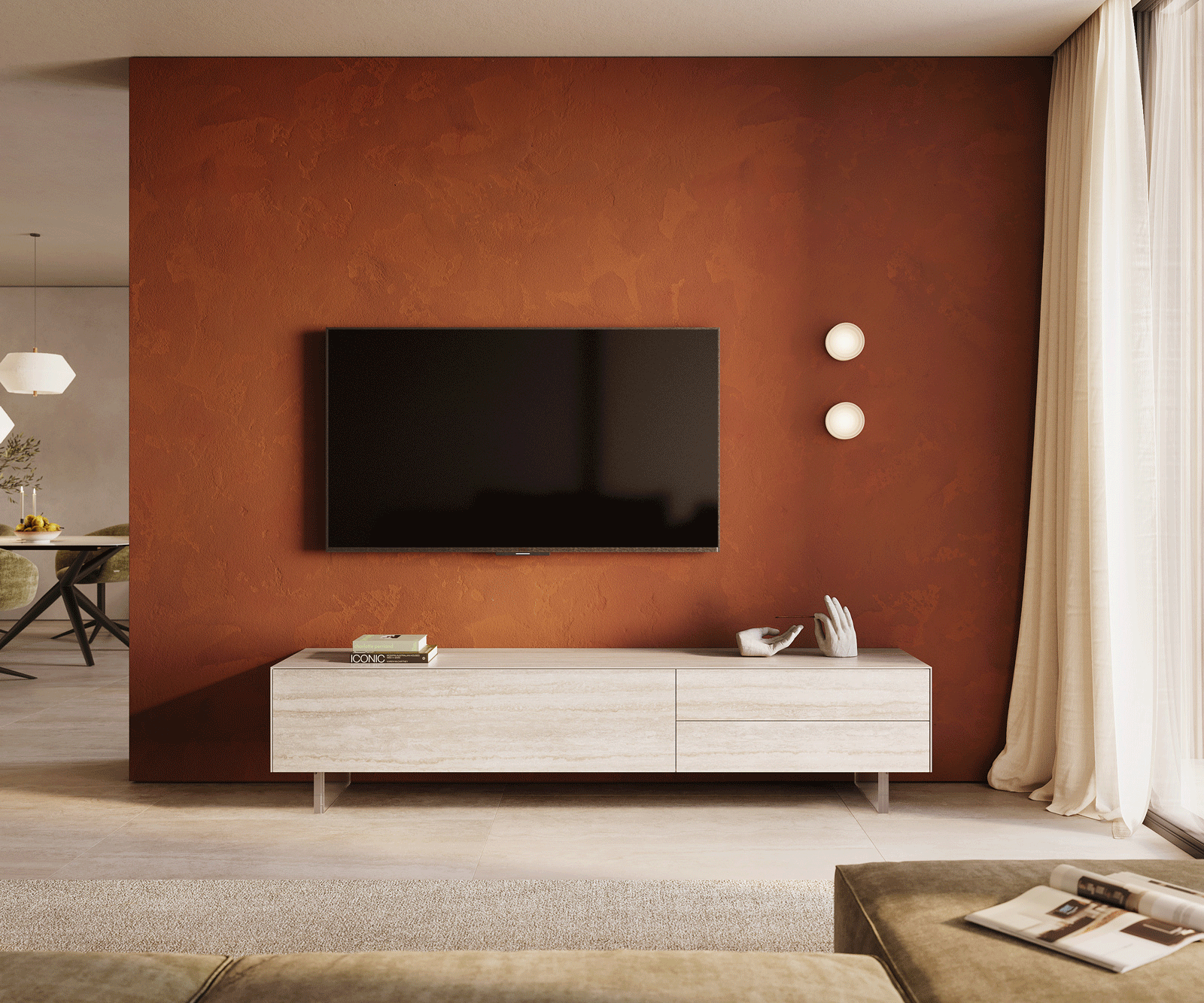 Tv-meubel Cuor 220 cm Keramiek Laminam® Travertino Bianco Crème-wit 1 Flap 2 Laden Zwevende voet look Acrylglas 2