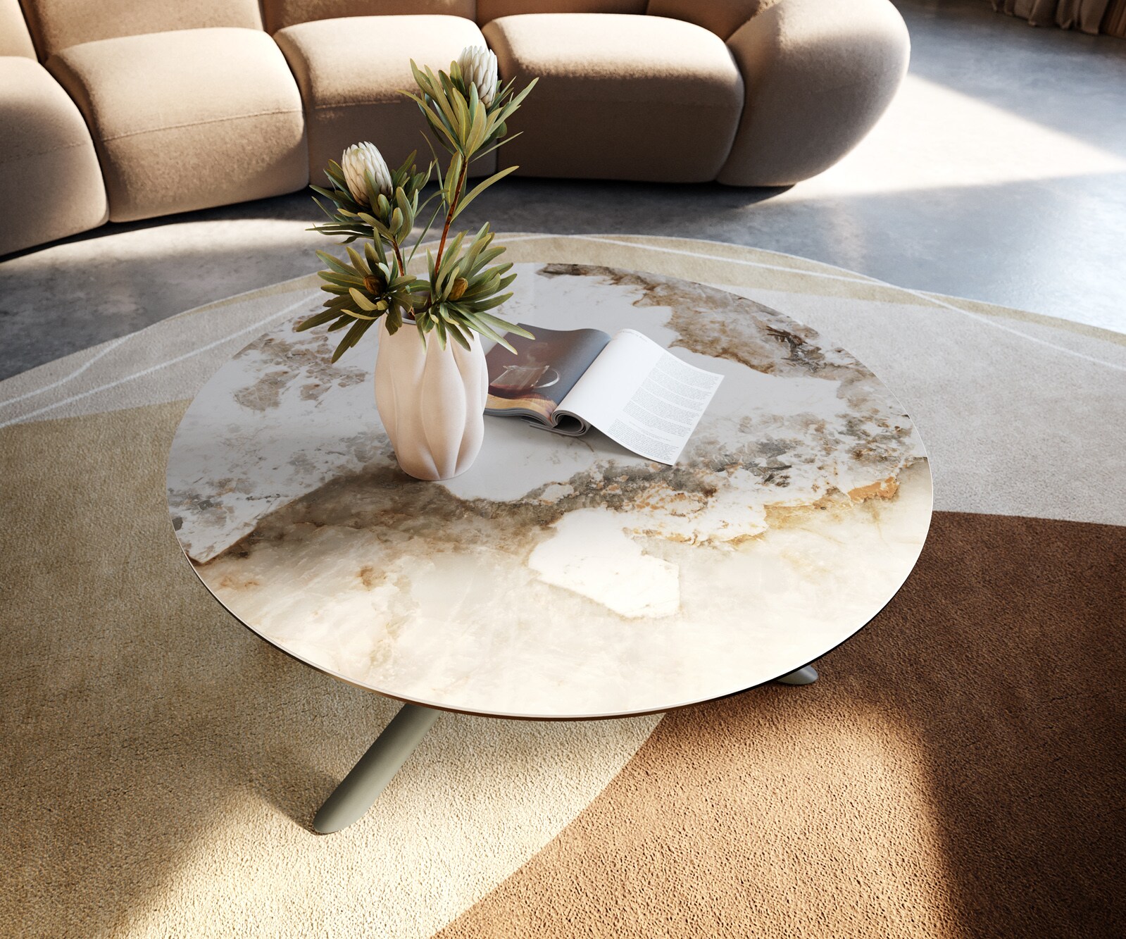 Salontafel Edge rond 90x90 cm keramiek Minas Melange Sarity Metall effectafwerking titaan 1